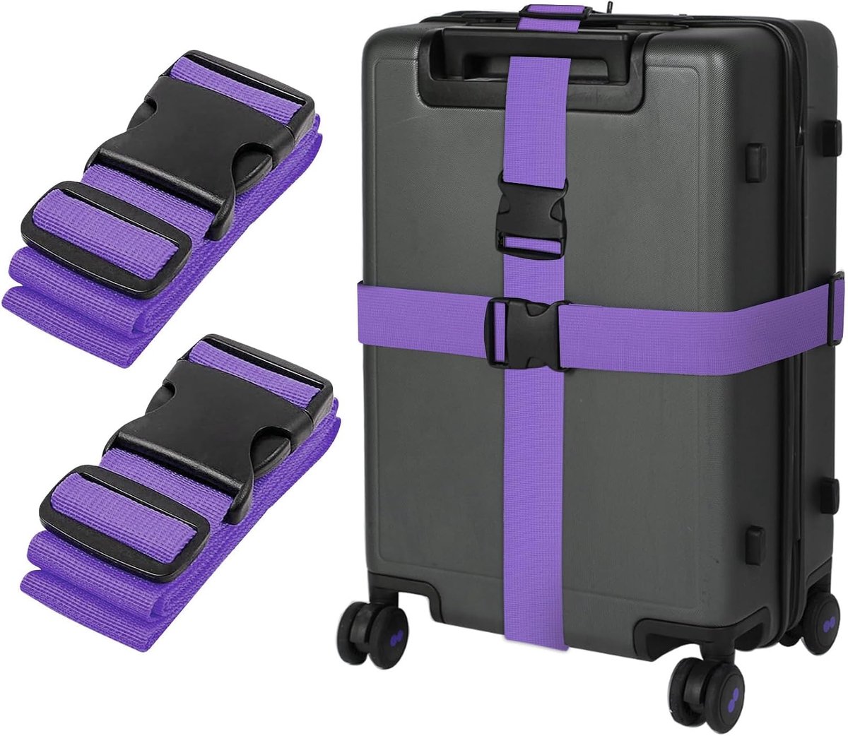 set van 2 stuks, 195 cm, lange bagageriemen, kofferband, riem, kofferbanden, veilig en opvallend, verstelbare bagageriemen, bagageriem voor koffers, paars