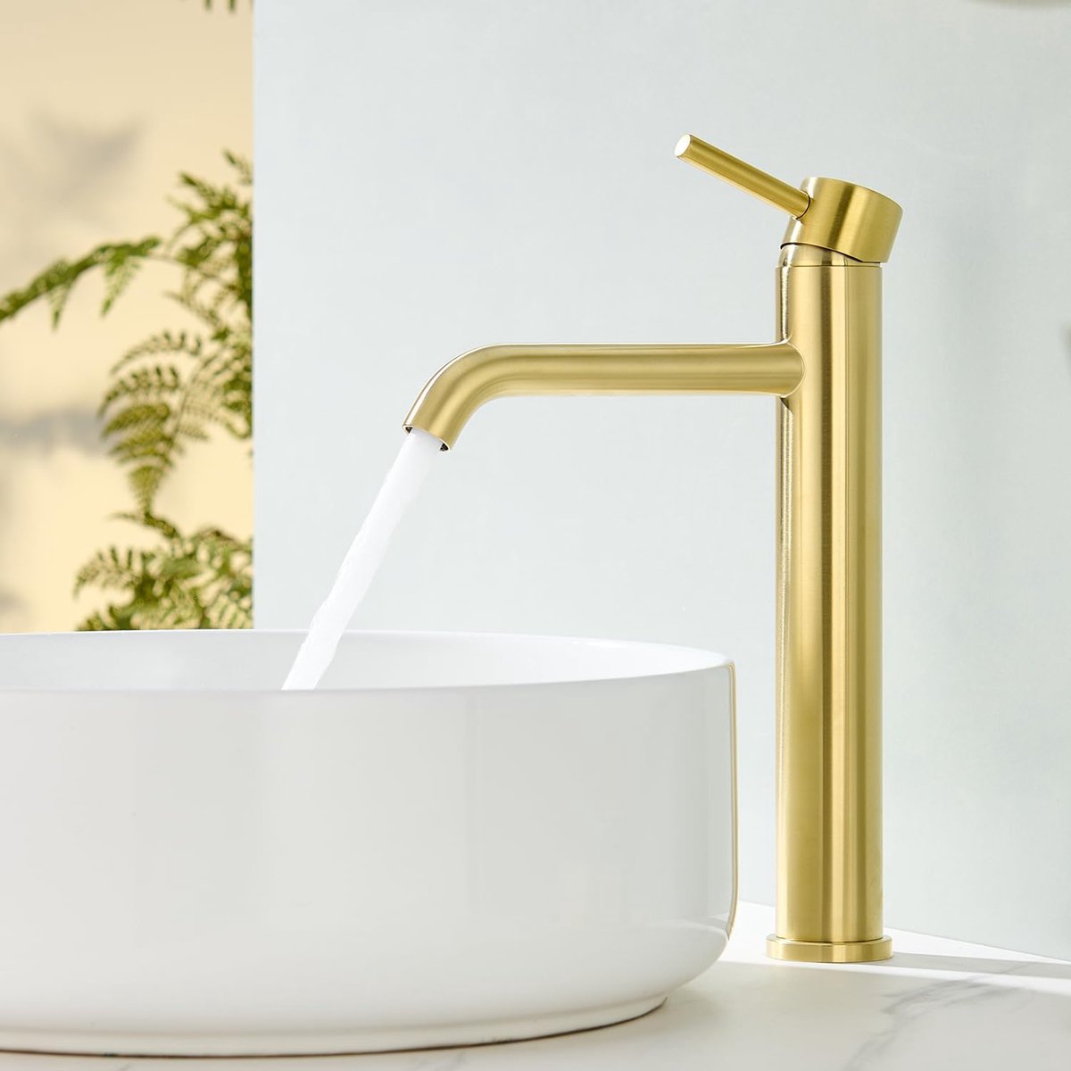 Kraan hoog, waterkraan badkamer goud voor opzetwastafel, kraan badkamer wastafel, mengkraan voor koud en warm water, uitloop hoogte 194 mm