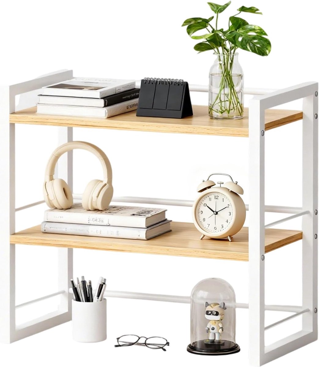 Bureaurek van hout, mini-opbergrek voor bureauplank, boekenkast, kantoorplanken (wit)