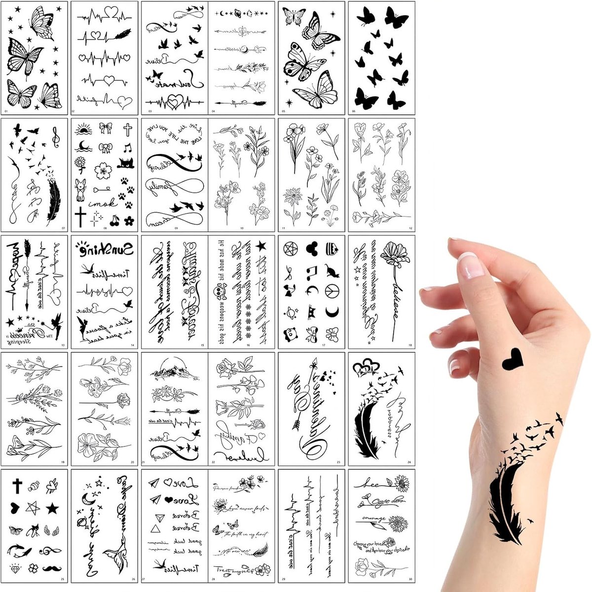 30 vellen nep-tatoeages, tijdelijke tatoeages, volwassenen en kinderen, 3D waterdichte tattoostickers, bevat vlinders, bloemen, liefde, mannen en vrouwen te gebruiken
