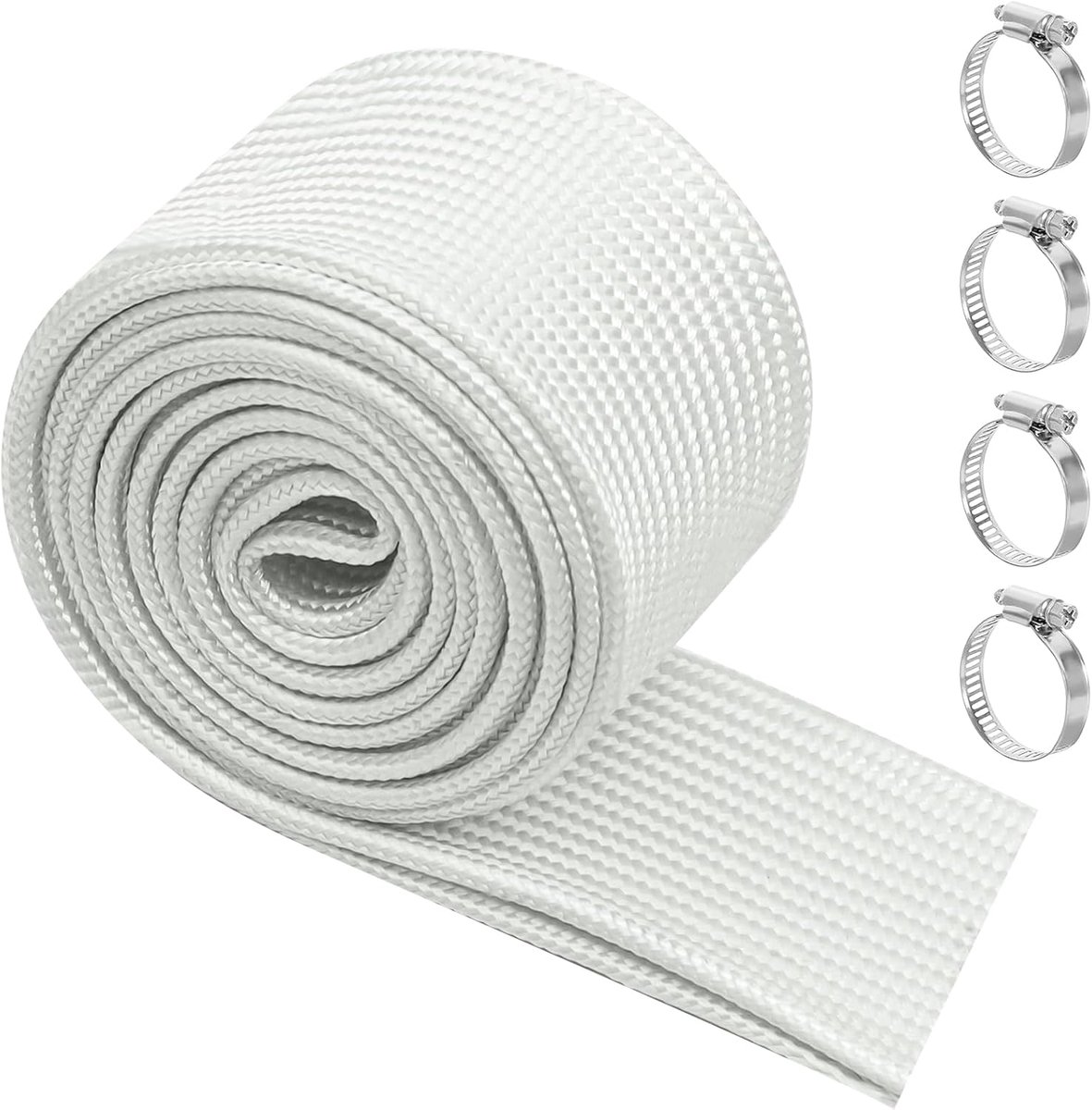 Uitlaatslang voor stroomgenerator, 25 mm, 200 cm, wit, isolatie, hittebeschermingsslang, glasvezel, met roestvrijstalen klem voor verwarmingsbuizen en uitlaatpijpen