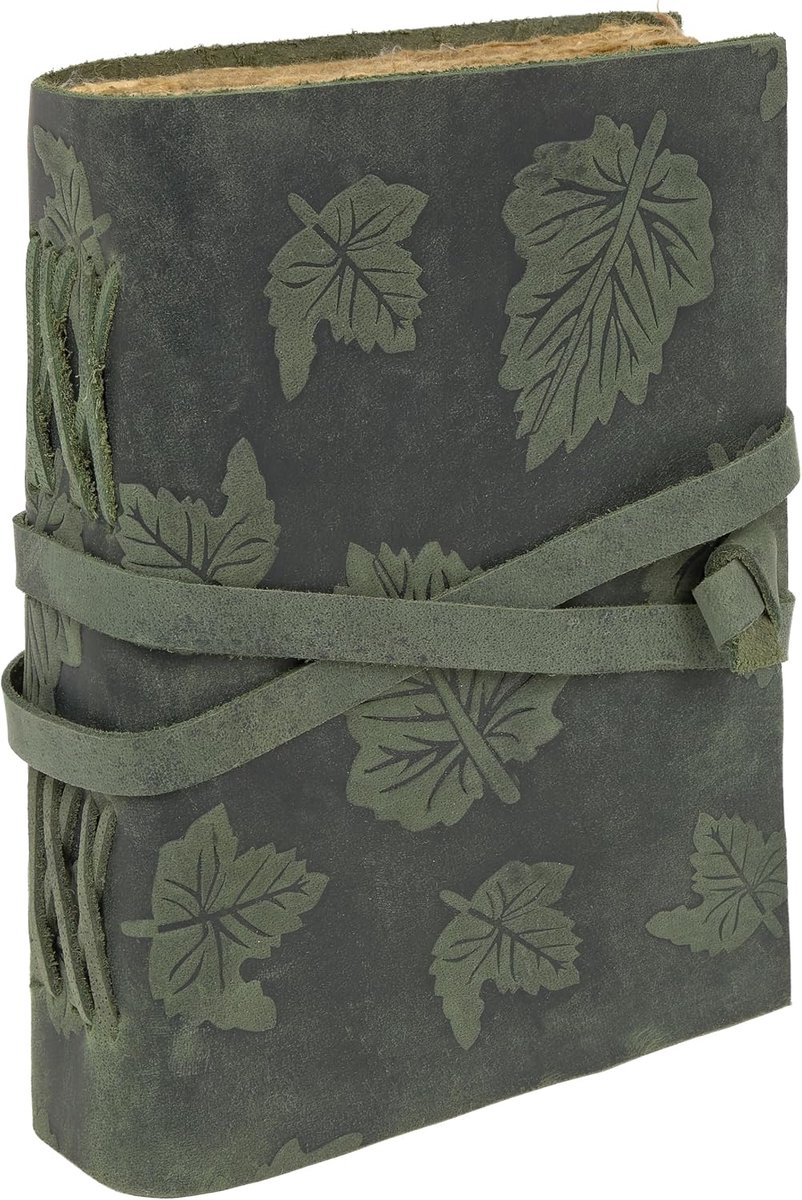 Reisdagboek van groen leer met stalen bladdecoratie, katoenpapier, elegant vintage notitieboek, 21 x 16 cm, dagboeken voor het schrijven van notities