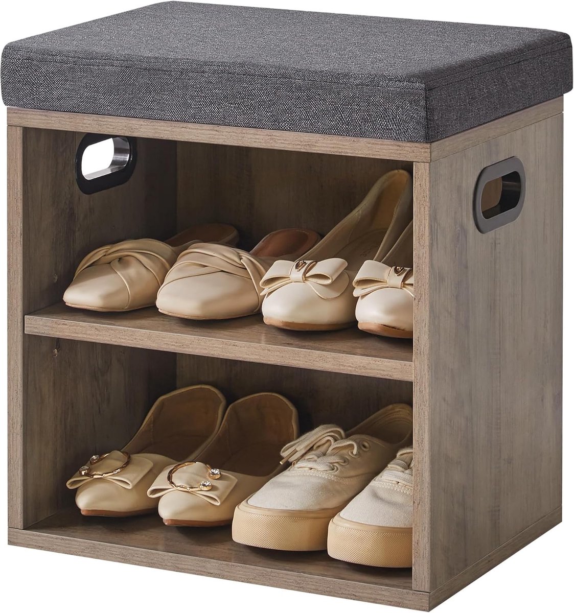 Kleine schoenenopbergbank met kussen, 2-laags schoenenbank opslag met zitting, schoenenrek bank voor entree, woonkamer, hal, kast, slaapkamer, 15,4L*11B*16,54H, zilvergrijs HBD028Y