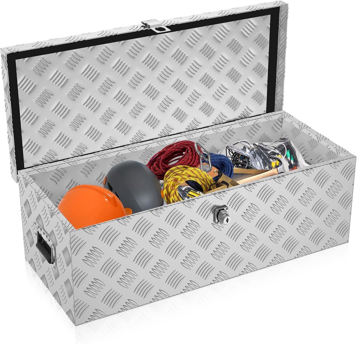 Aluminium kist met deksel, 60 liter, aluminium, 76 x 33 x 24 cm, transportbox, gereedschapskist met slot, sleutels en handvat, gereedschapskist, transportkoffer, zilver