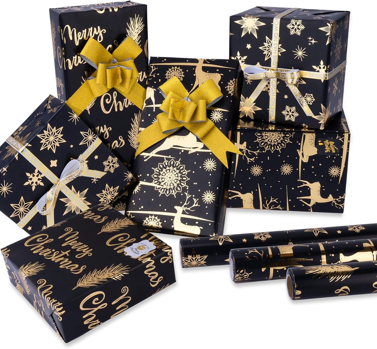 Cadeaupapier Kerstmis 3 rollen, metallic glitter geschenkverpakking Kerstmis zwart goud met cadeaulint en stickers, cadeaufolie inpakpapier voor nieuwjaar, feest, 43 cm x 3 m