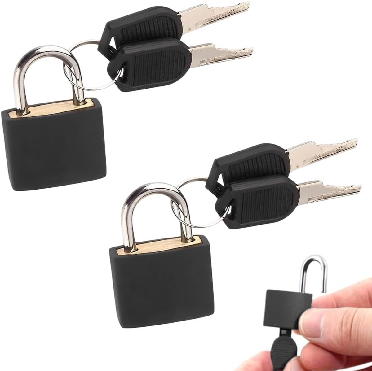 Kofferslot voor vliegreizen, 2 stuks, 28 mm, hangslot, zwart, mini-kofferslot met sleutel voor reizen, kluisjes