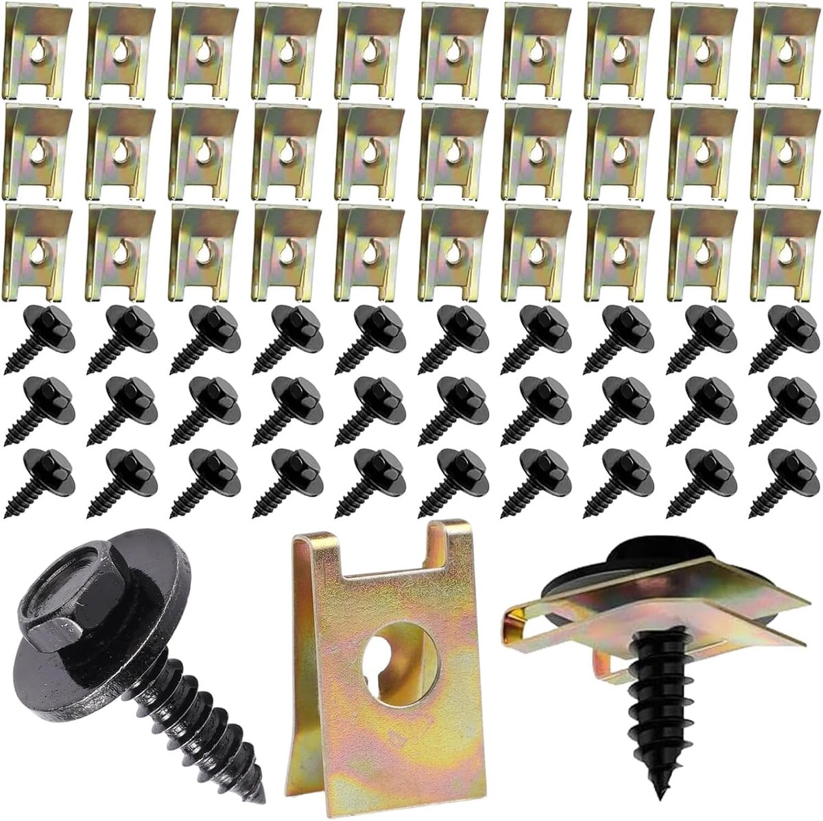60 stuks Plaatwerk Moeren Assortiment: 30x Body Schroeven & 30x U-Clips, Zwart Gegalvaniseerd Metaal Montageset voor Auto Body, Spatborden, Deurpaneel