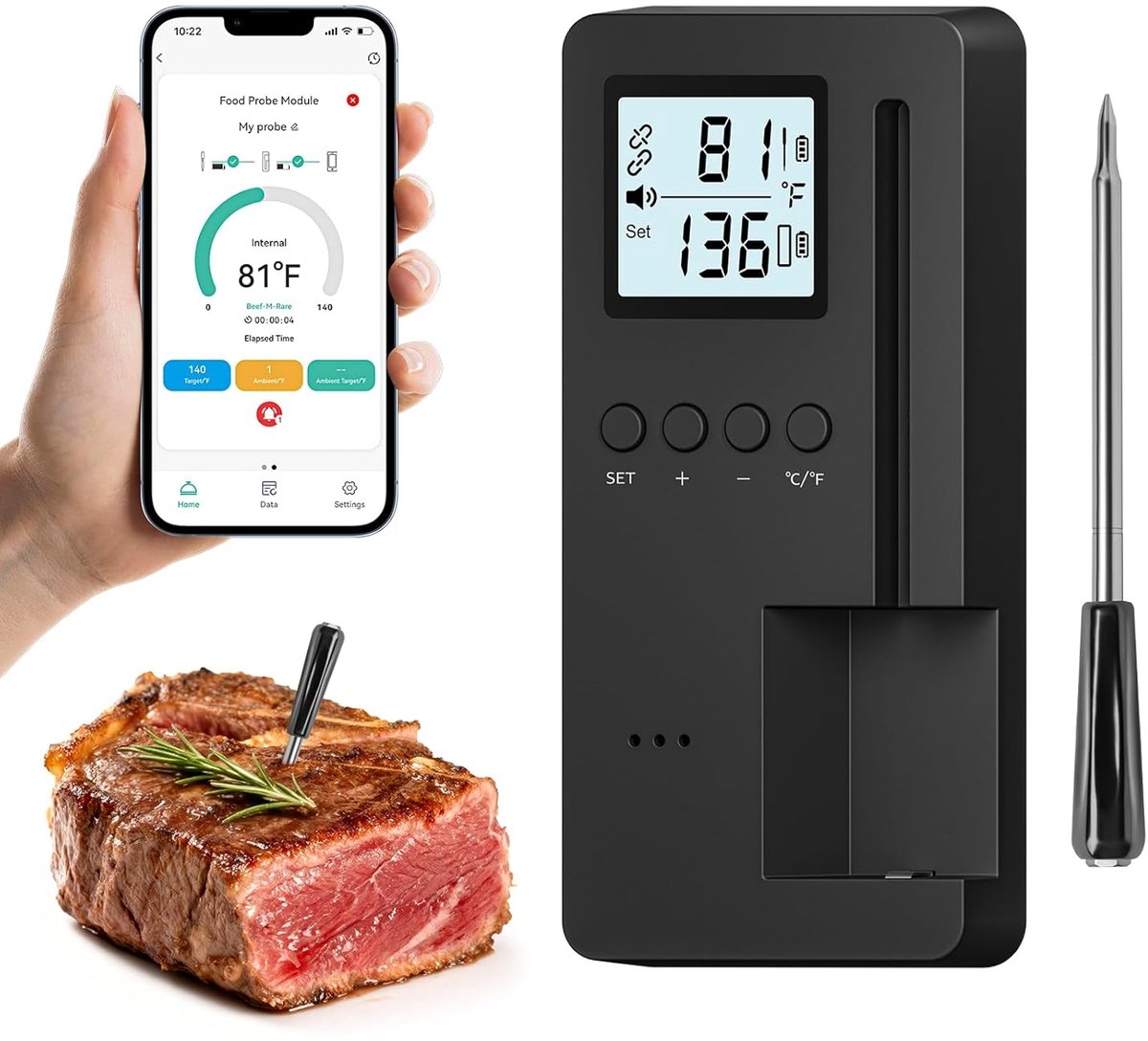 Bluetooth Draadloze Vleesthermometer, APP & Basis Dual-Mode Bediening, IP67 Waterdichte Digitale Voedselthermometer, voor BBQ, Grill, Oven, Roker, Airfryer