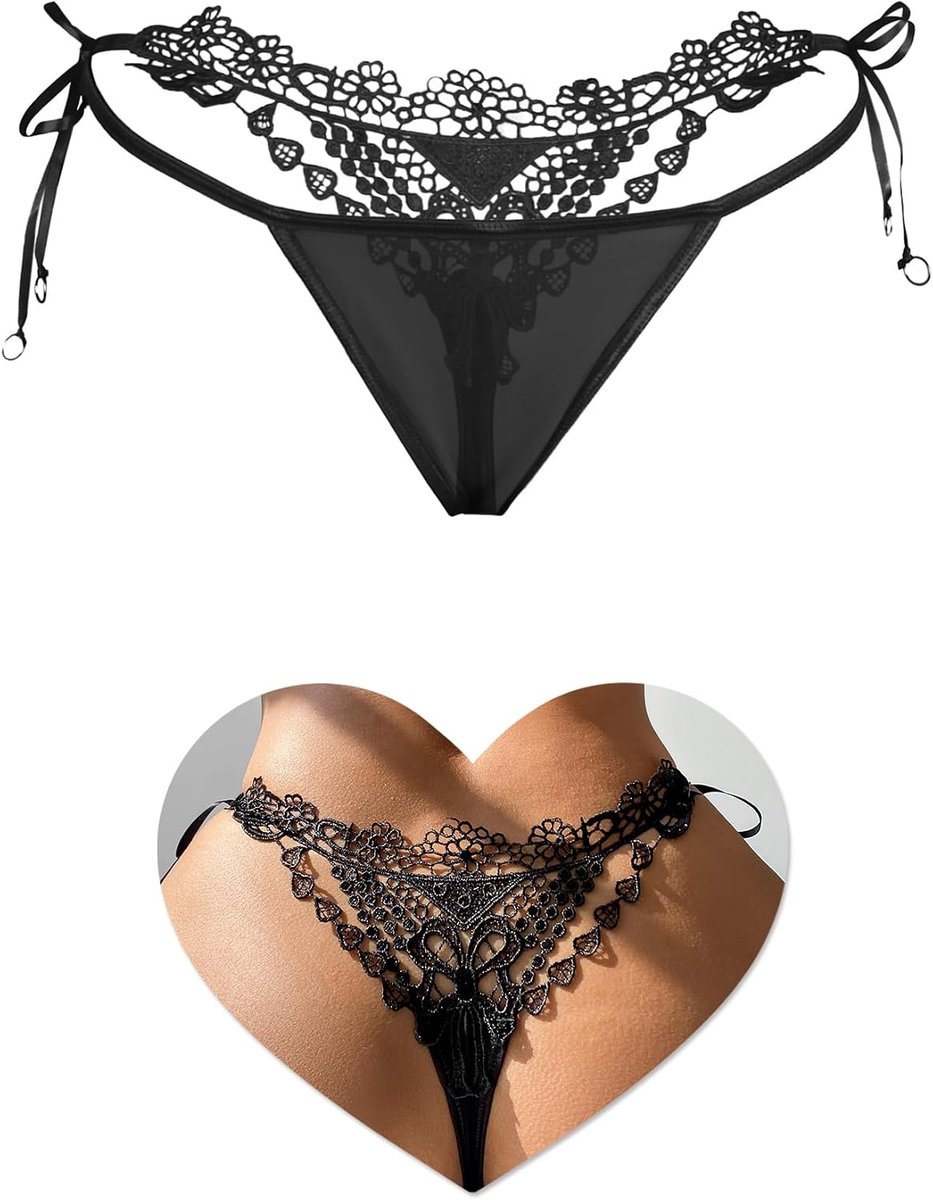 ohmydear Sexy mesh string voor dames, comfortabel, met verstelbare band, Braziliaans broekje met lage taille van kant met driedimensionaal borduurwerk