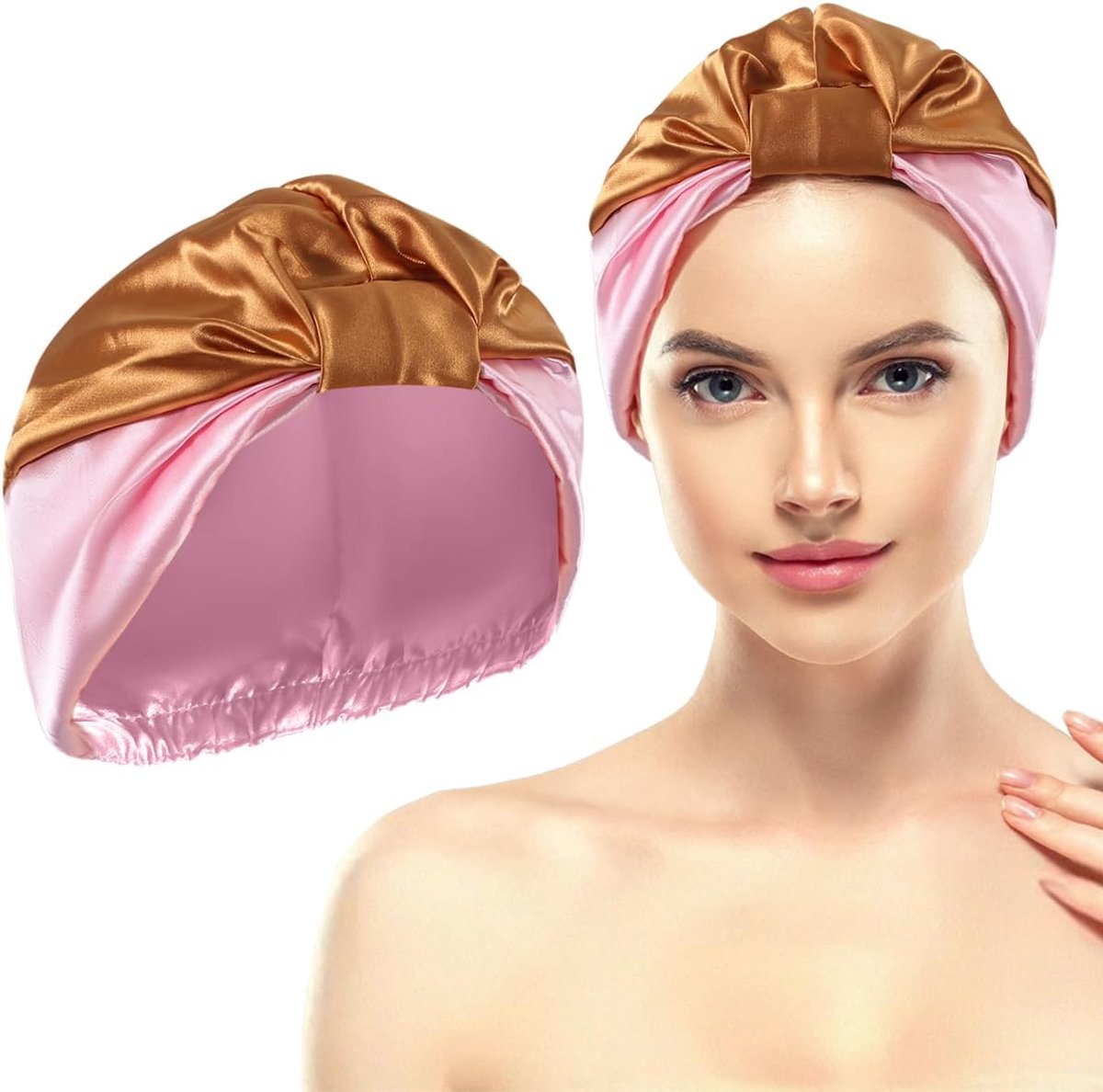 Douchemutsen voor vrouwen|herbruikbare satijnen haarkap om te slapen|Douche-accessoire voor vrouwen|Nachthaarkap|Badhaar Bonet (bruin en roze)