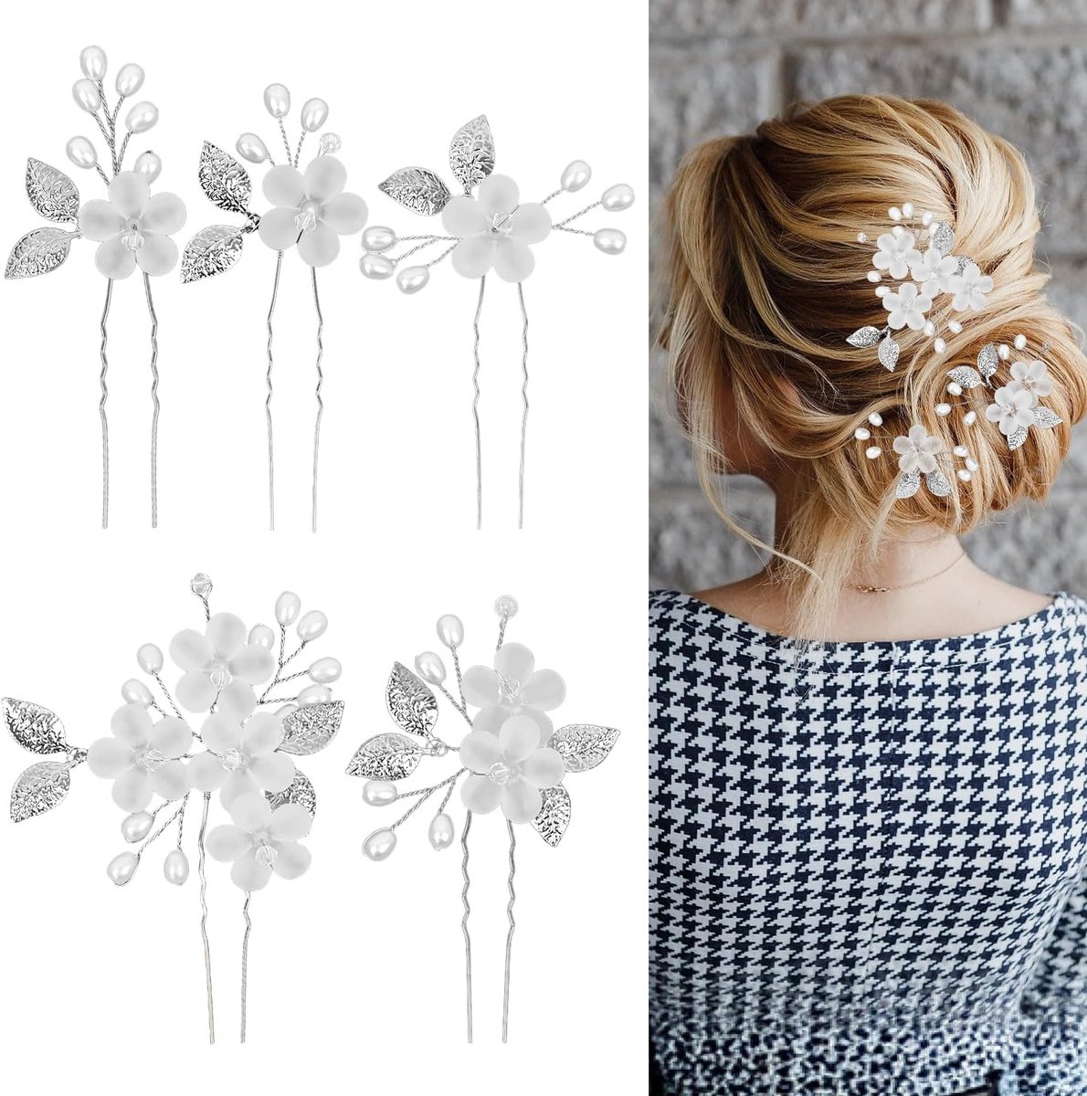 5 stuks haaraccessoires voor bruiloften voor vrouwen, bruidshaarspelden, bloemen, bruidsmeisjeshaaraccessoires, bloemen, bruidshaarspelden voor bruiden, bruidsmeisjes, vrouwen en meisjes (zilver)