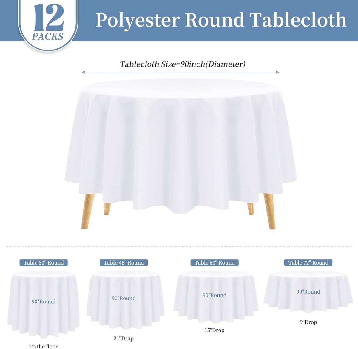 Tafelkleden van 12 stuks, wit polyester, ronde tafelkleden, 228 cm, wasbare stof, rond tafelkleed, wit tafelkleed voor bruiloft, feest, banket, diner/buffettafel (wit/228 cm)