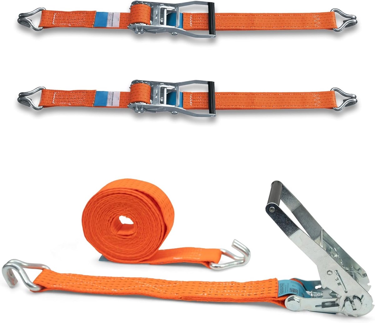 Spanbanden met stabiele ratel en profielhaken, belastbaar tot 2500 kg, 50 mm breed x 6 m lang, oranje, voor vrachtwagens en grote aanhangers