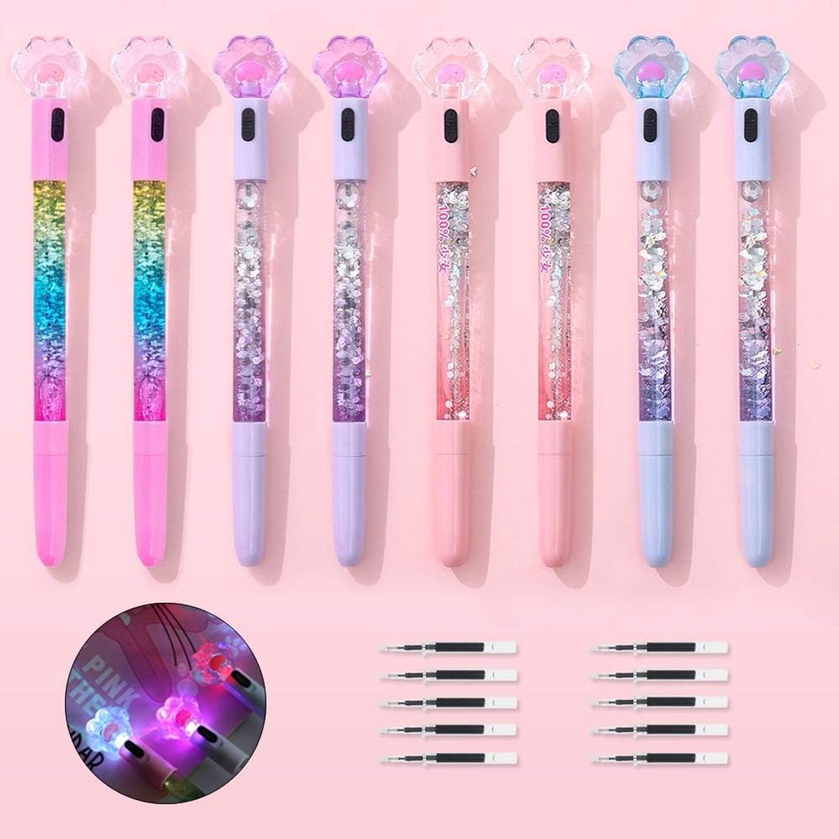 8 stuks schattige penn, kawaii-pennen, leuke ballpen, 0,5 mm kattenpoot glanzende lichtgevende balpennen, Koreaanse Japanse briefpapier, schoolbenodigdheden voor tienermeisjes vrouwen, zwarte