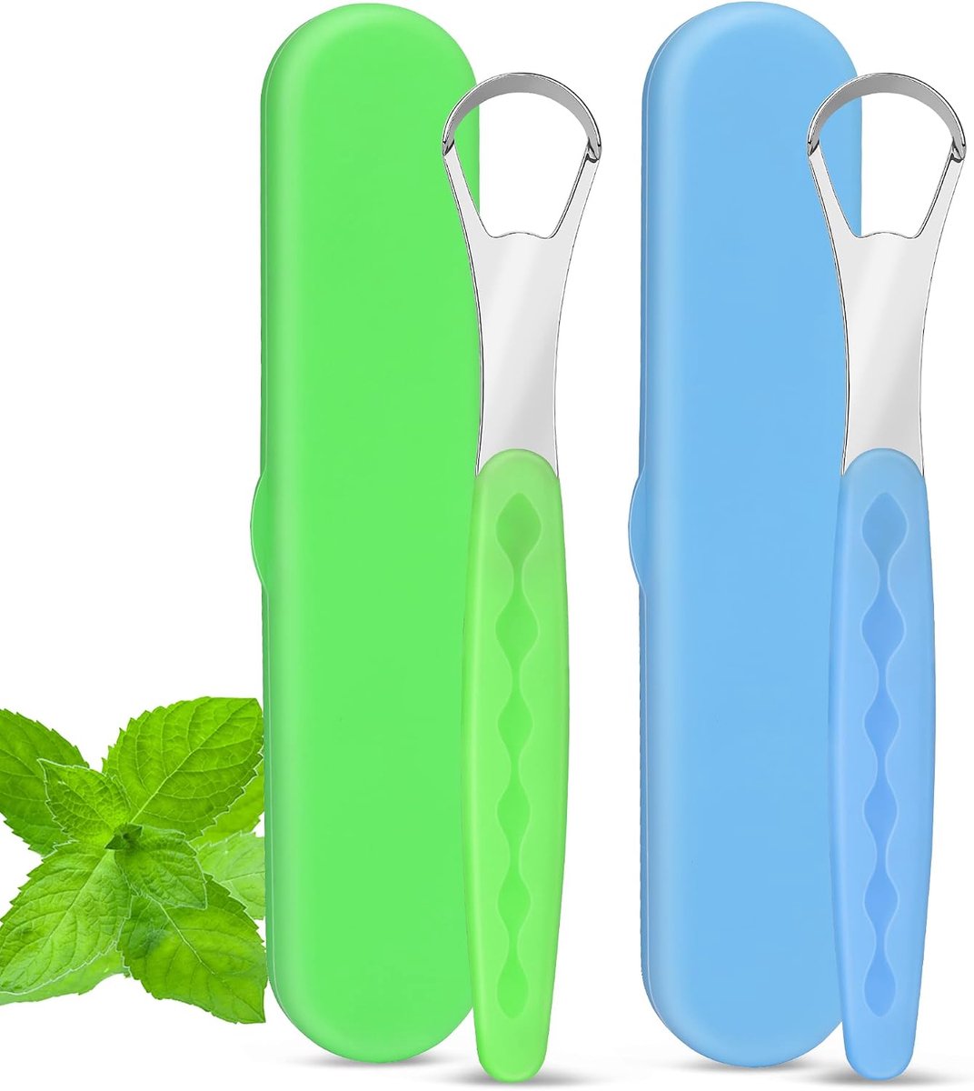 2 Stuks Tongue Scraper voor Volwassenen,Tongschraper met Opbergdoosje voor Dagelijks Gebruik Thuis of Op Reis,voor Goede MondhygiëNe en Frisse Adem,Lichtblauw en Lichtgroen