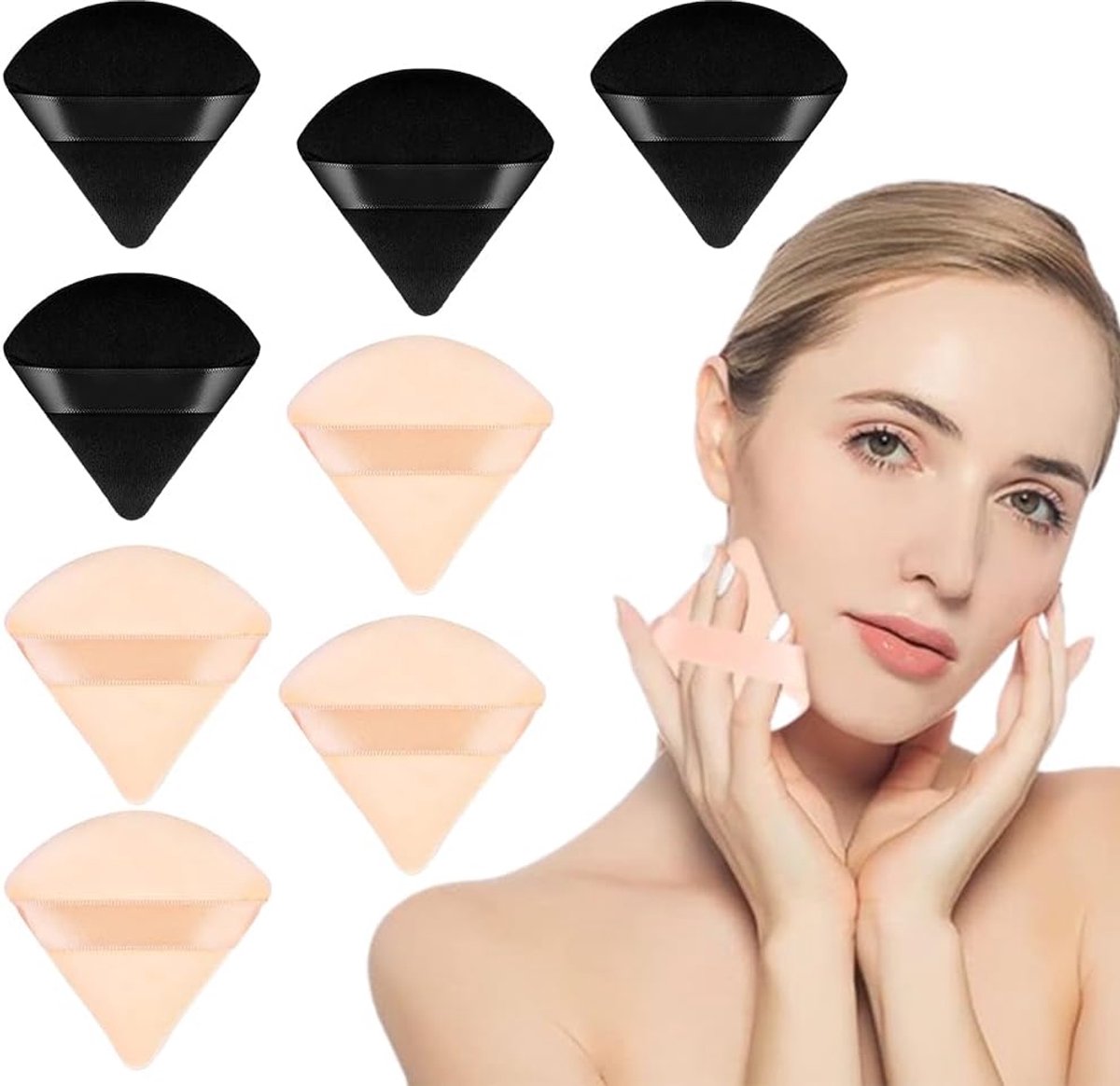 8 stuks driehoekige make-uppoederkwasten, cosmeticaspons, zachte sponskwast voor losse poederfoundation, natte en droge make-up-tools (zwart + huidskleur)