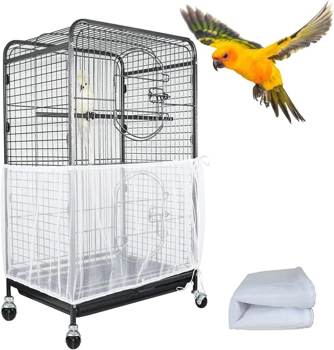 Vogelkooi, zaadvanger, verstelbare vogelkooihoes, zacht nylon gaas net met trekkoord, vogelkooi, rok, veerbescherming voor ronde vierkante kooien (wit, 300 x 40 cm)