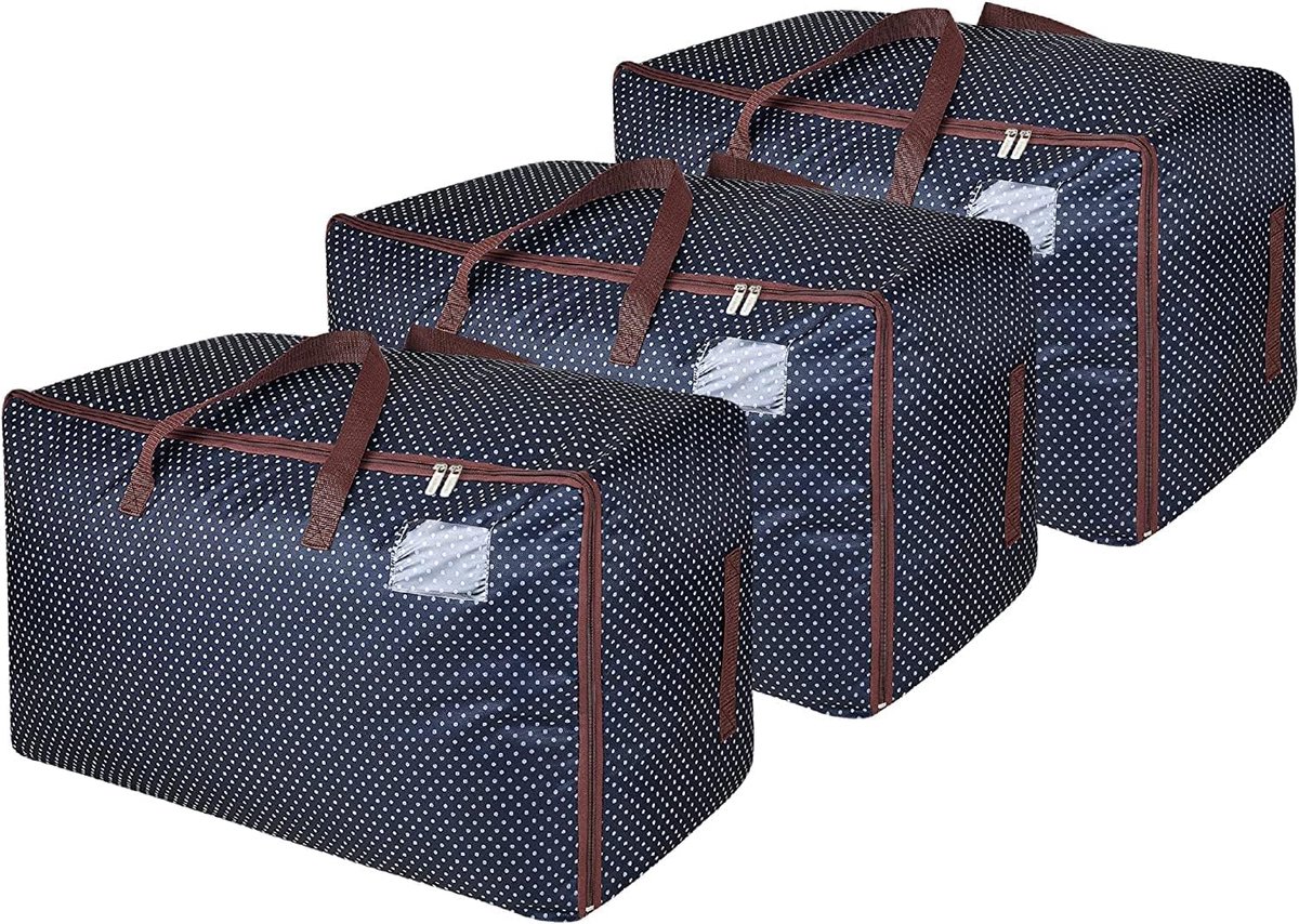3-delige set 105L Grote Opbergzak, Stoffen Kledingzak, Extra Grote Dikke Opbergzak Onder het Bed, Vochtwerend (Blauw, 3 stuks)