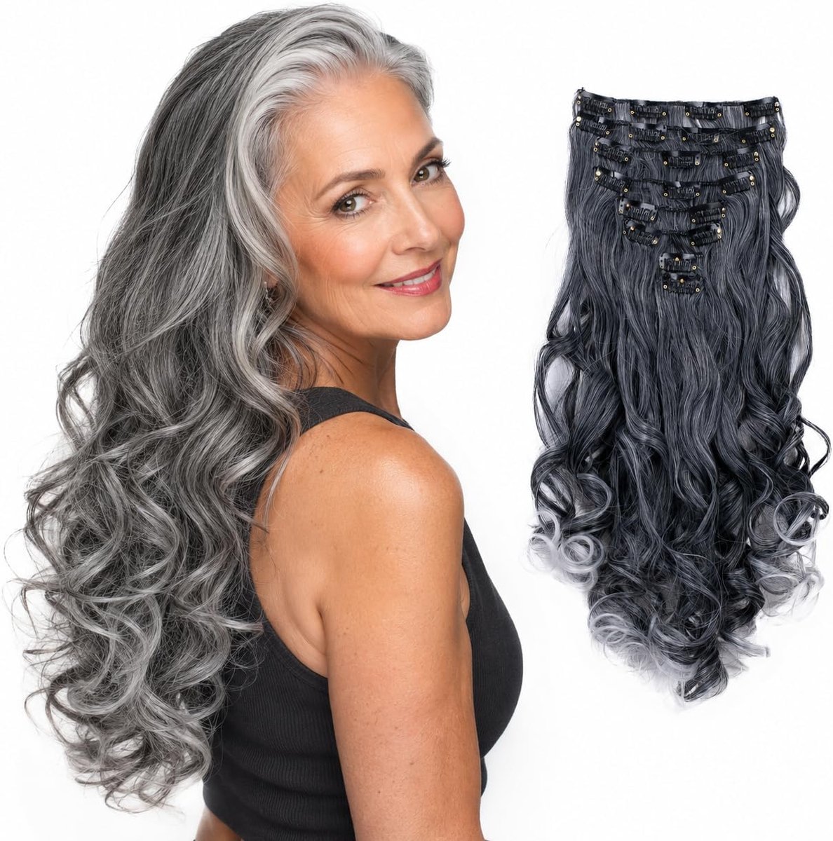 XXL 45cm 8 Delige Set CLIP IN EXTENSIONS Haarextensies Haarstukje Golvend Grijs Mix CES17-1