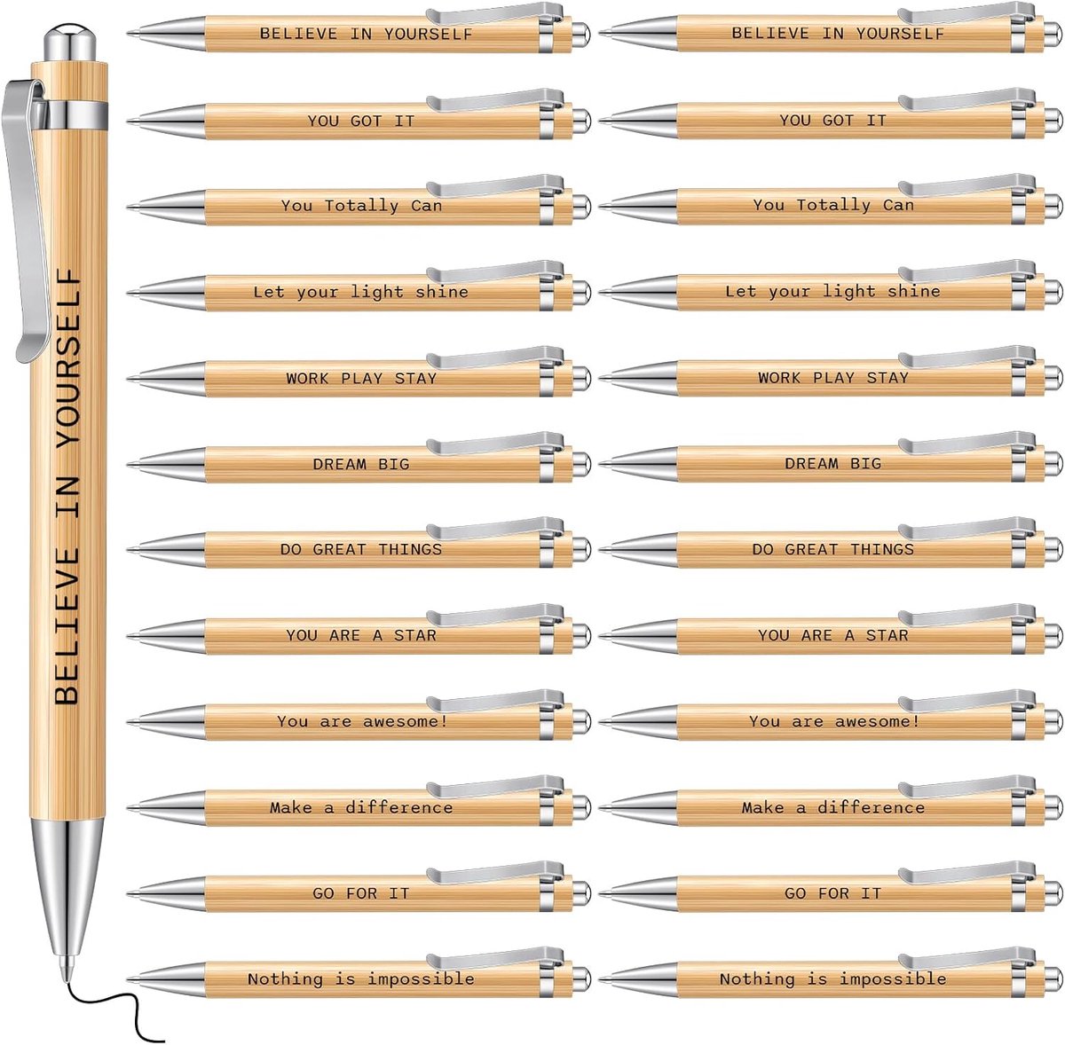 24 stuks inspirerende balpen, motivatiepennen met spreuk, houten en grappige balpen voor leraren en collega's, afscheidscadeau, bedankje, kantoor