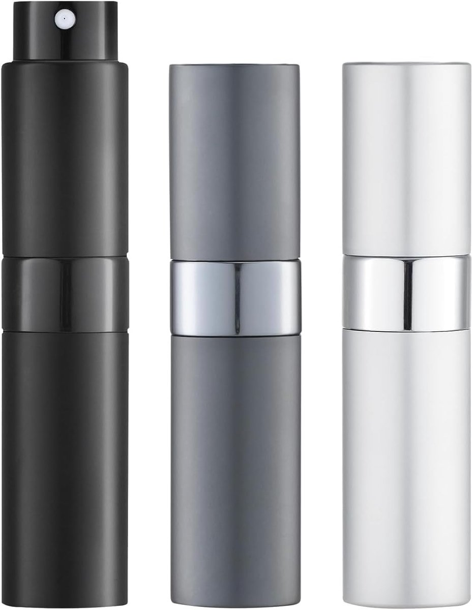 Parfum Verstuiver Navulbaar 8ml Set van 3, Aluminium Reis Parfumflesjes Hervulbaar, Mini Sprayfles voor Handtas, Make-uptas, Vakantie en Onderweg, met Zakje, Trechter en Druppelaar