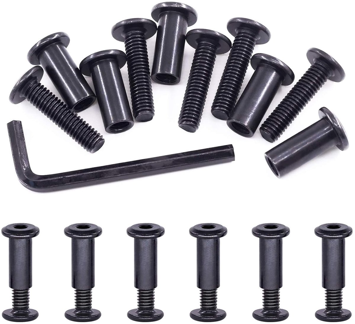 25 stuks M6x25mm Carbon Steel Black Hex Drive Socket Cap Bolts Barrel Nuts Assortment Kit met 1pcs Allen-sleutel, schroefpost geschikt voor meubels Countsink Belt Buckle Lederen Bindenbouten