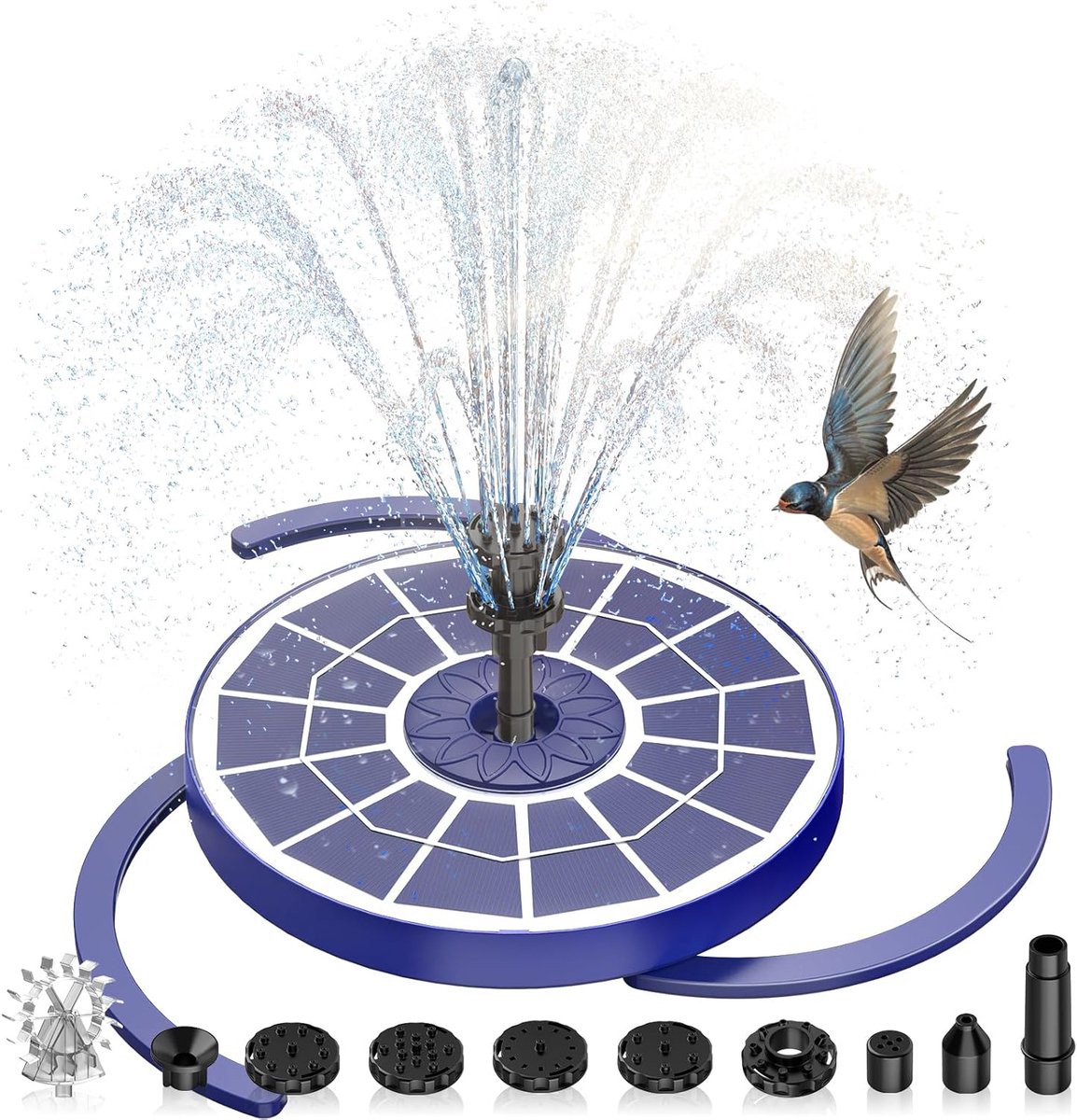 Fontein op zonne-energie, voor buiten, verbeterd, 3,5 W, drijvende fonteinpomp op zonne-energie, met verschillende sproeieffecten, fontein op zonne-energie voor buiten, met donkerblauw glas