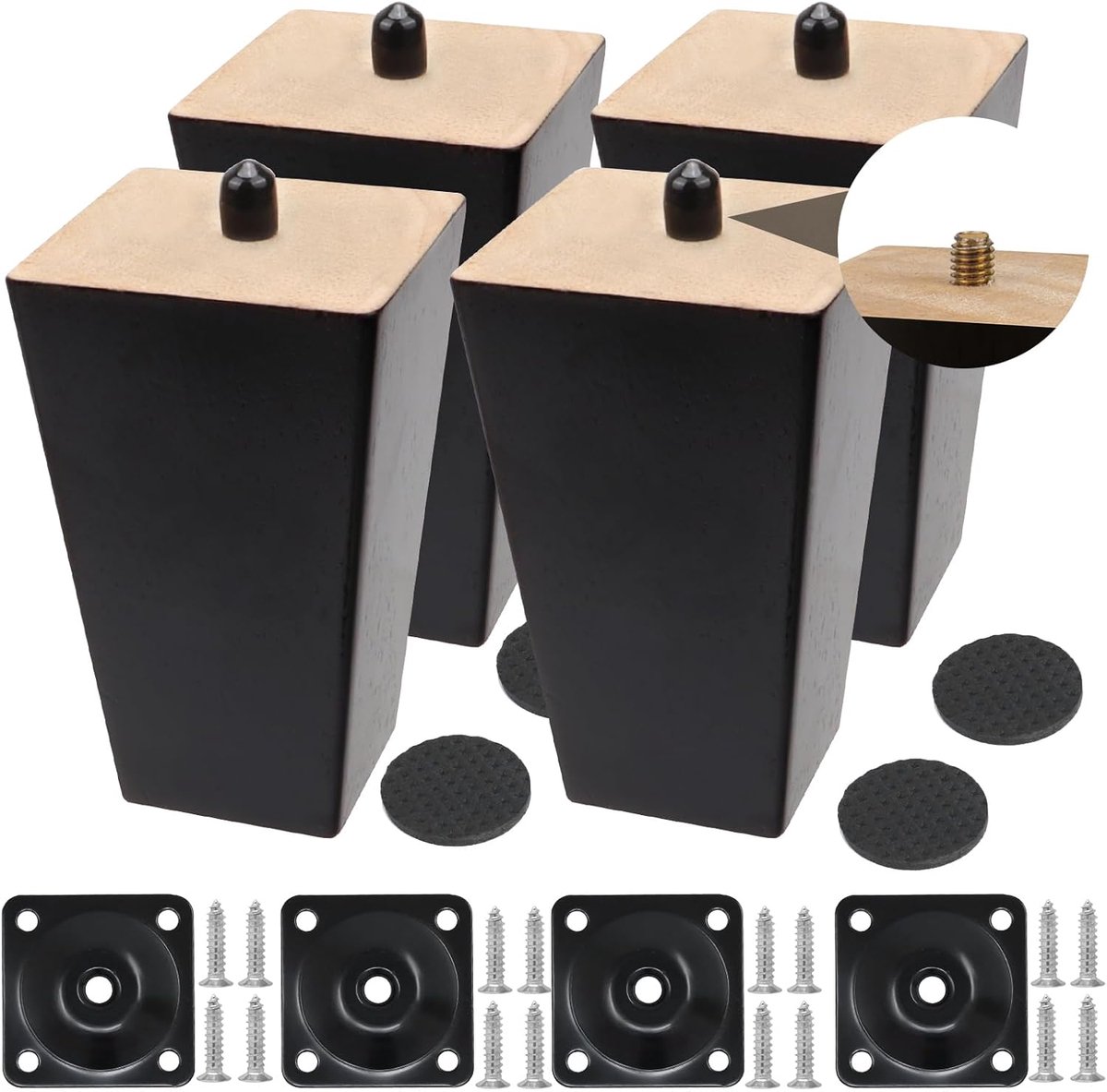 Poten, zwarte vierkante massief houten sofahoogte voeten vervanging voor fauteuil kast poten montageplaat en schroeven voor sofa, stoel, bank, dressoir, bed, kast (4''/10