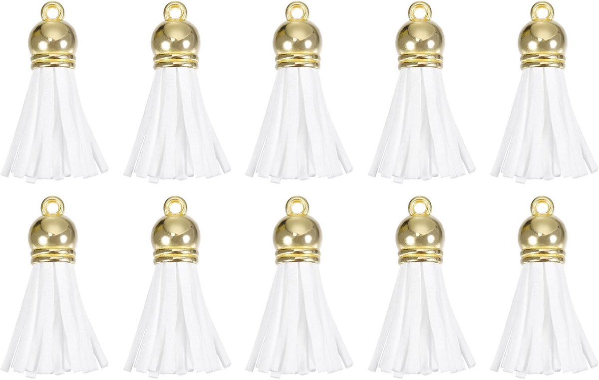 20 stuks 3,8 cm hangers sleutelhangers met kwasten van leer met gouden capuchon voor armband met hanger sieraden maken handwerk decoratie DIY handwerk wit