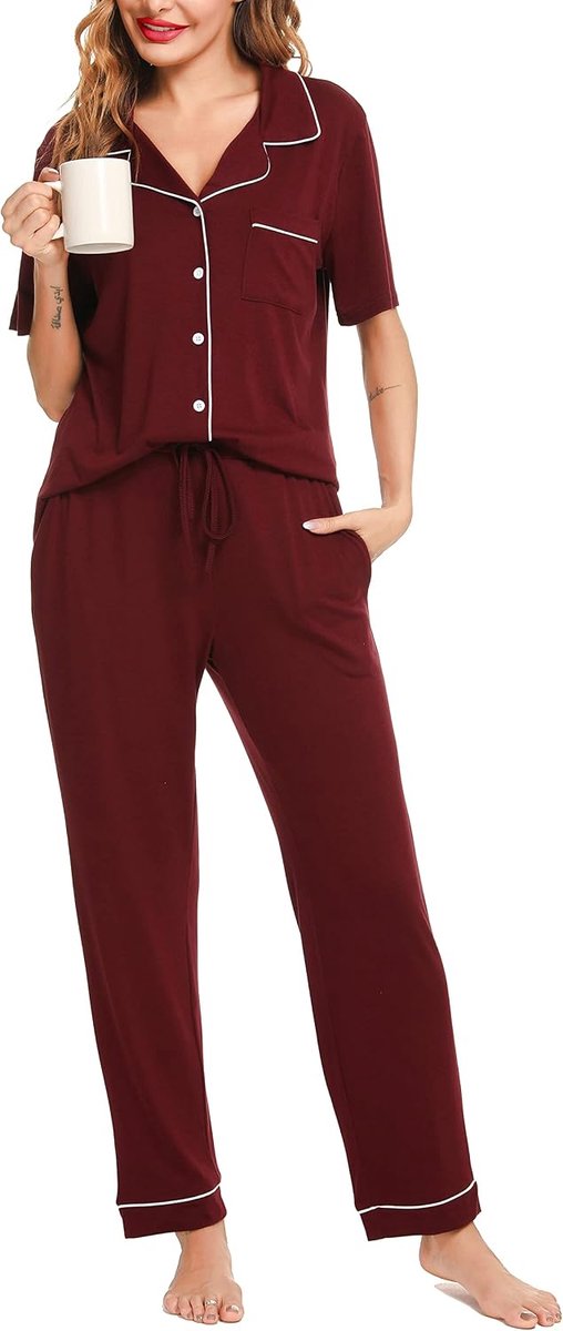 Dames Zomer Pyjama Set - Knoop Trekkoord Bloemenprint Zachte Korte Print Met Zak
