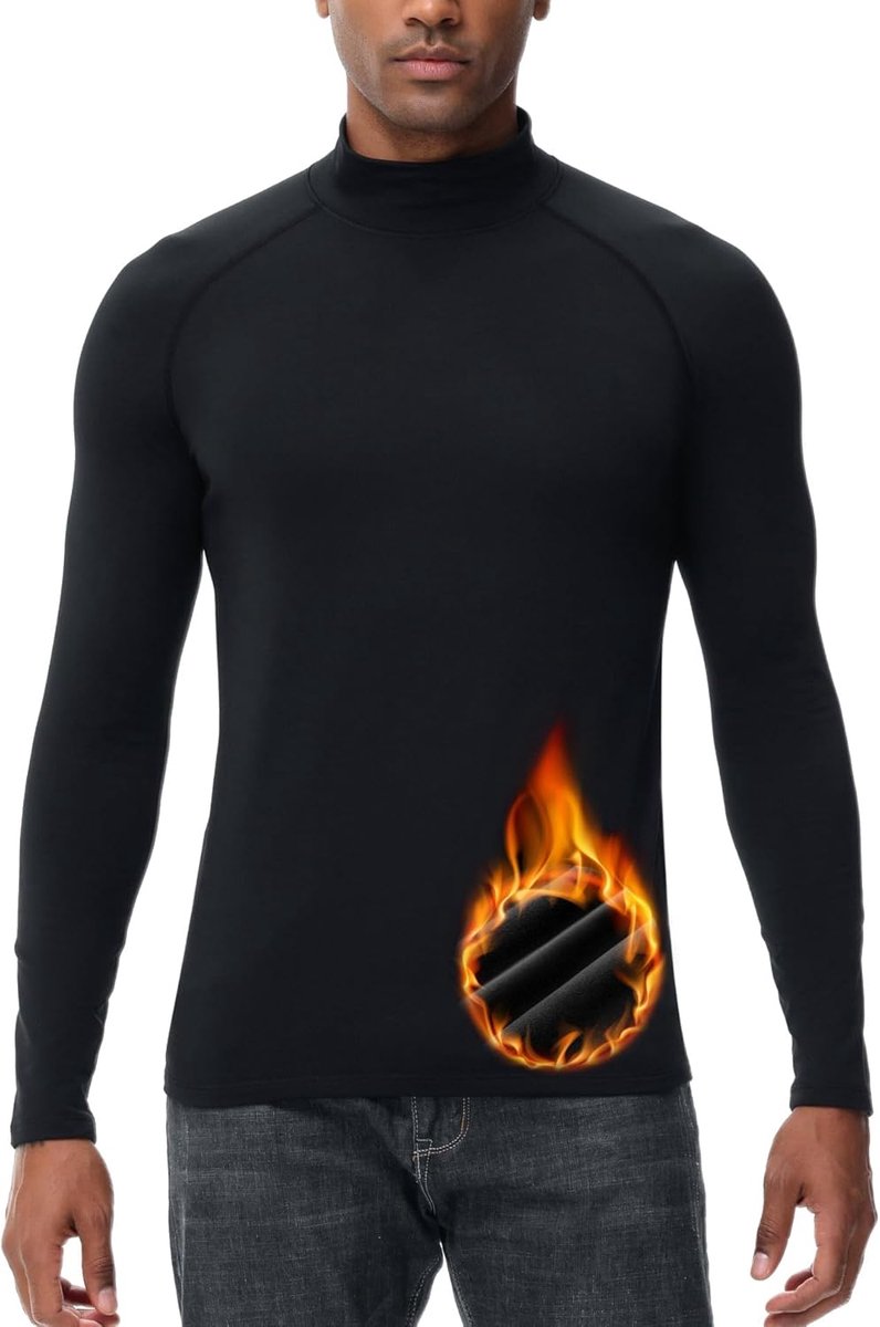 SPORTS Thermisch ondergoed voor mannen, rolkraag, lange mouwen, thermohemden, fleece gevoerd, basislaag, thermo-ondergoed, top