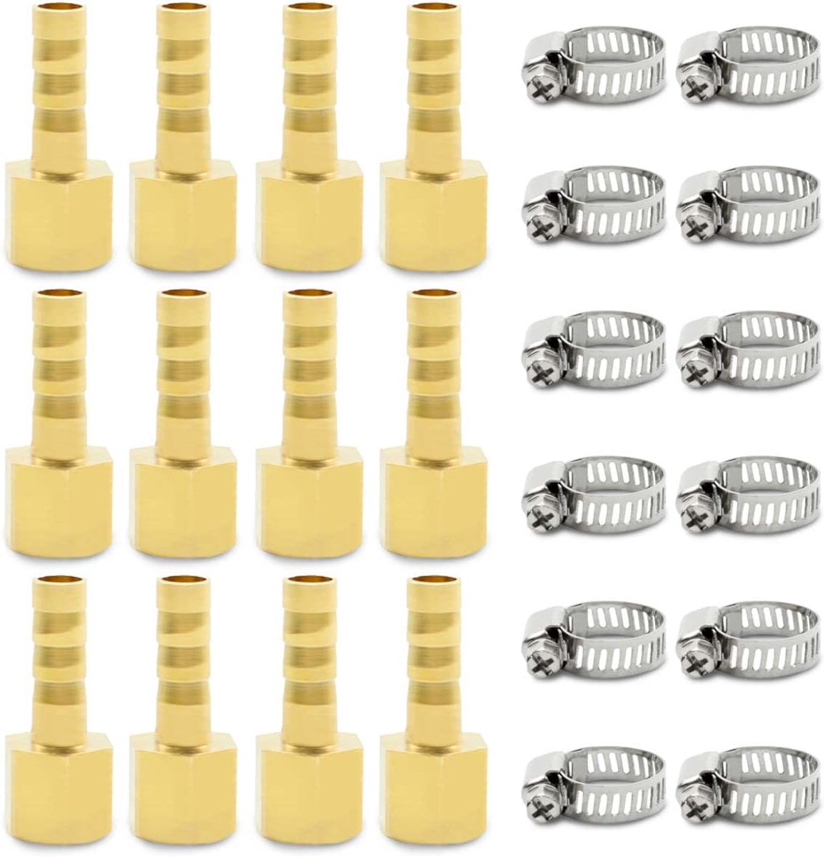 12 delige slangpilaarfittingen, 3/8" BSP vrouwelijk x 8 mm weerhaakconnector met 12 delige klemmen