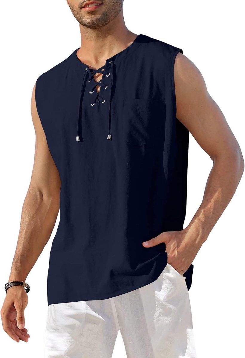 Mouwloos Henley-shirt van linnen-katoenmix voor heren, vetersluiting, casual, strand, hippie