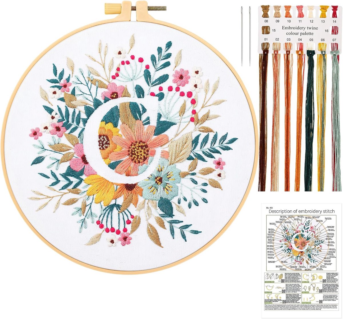 Letter C Flower Embroidery Starter Kit, volledige reeks borduurset voor beginners en volwassenen, kruissteek handgemaakte borduurset met gereedschap inclusief borduurring naald en draden voor