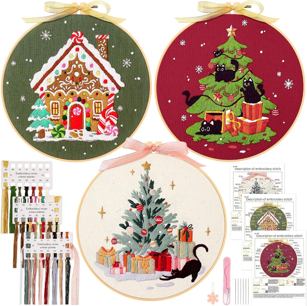 Kerstborduurpakketten voor volwassenen, beginners, kerstkruissteekkits, 3-pack doe-het-zelf naaldpuntbenodigdheden, handgemaakt naai-ambacht, borduurstarter met patronen, volledig assortiment