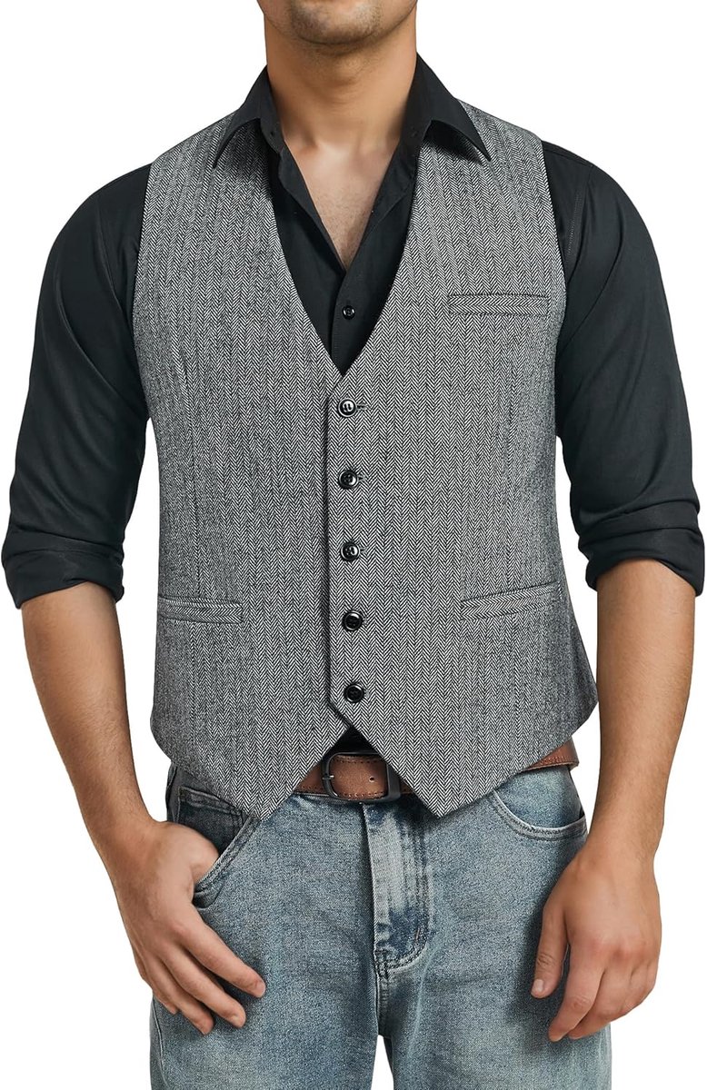 Gilet voor heren, visgraatmotief, tweed, voor formele en informele gelegenheden, wollen stof, V-hals, één maat, heuplengte, bruin