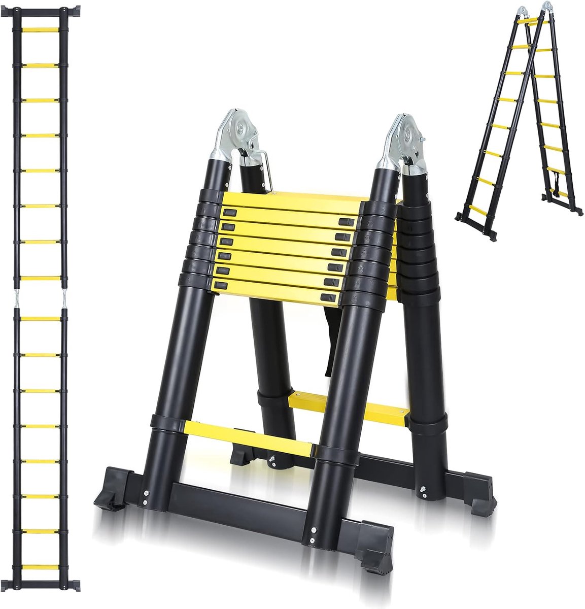 Telescopische ladder, 5 m (2,5 + 5,5 m), antislip aluminium multifunctionele ladder, uittrekbare ladder, 150 kg belastbaarheid, hoogwaardige vouwladder, lichte trapladder, zwart/geel