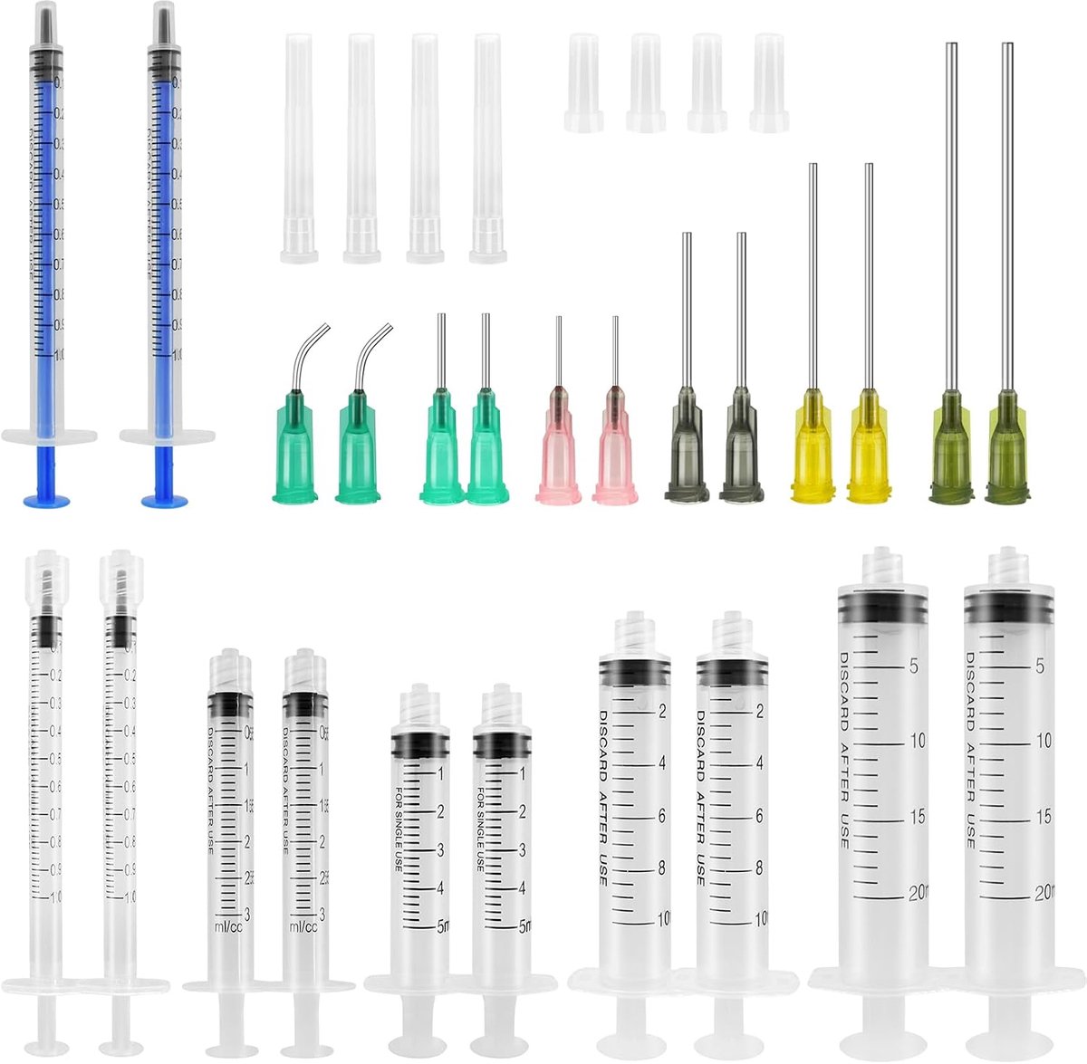 24 stuks ml 3-20 ml stompe punt spuiten set met stompe naalden en doppen, 14-20 ga