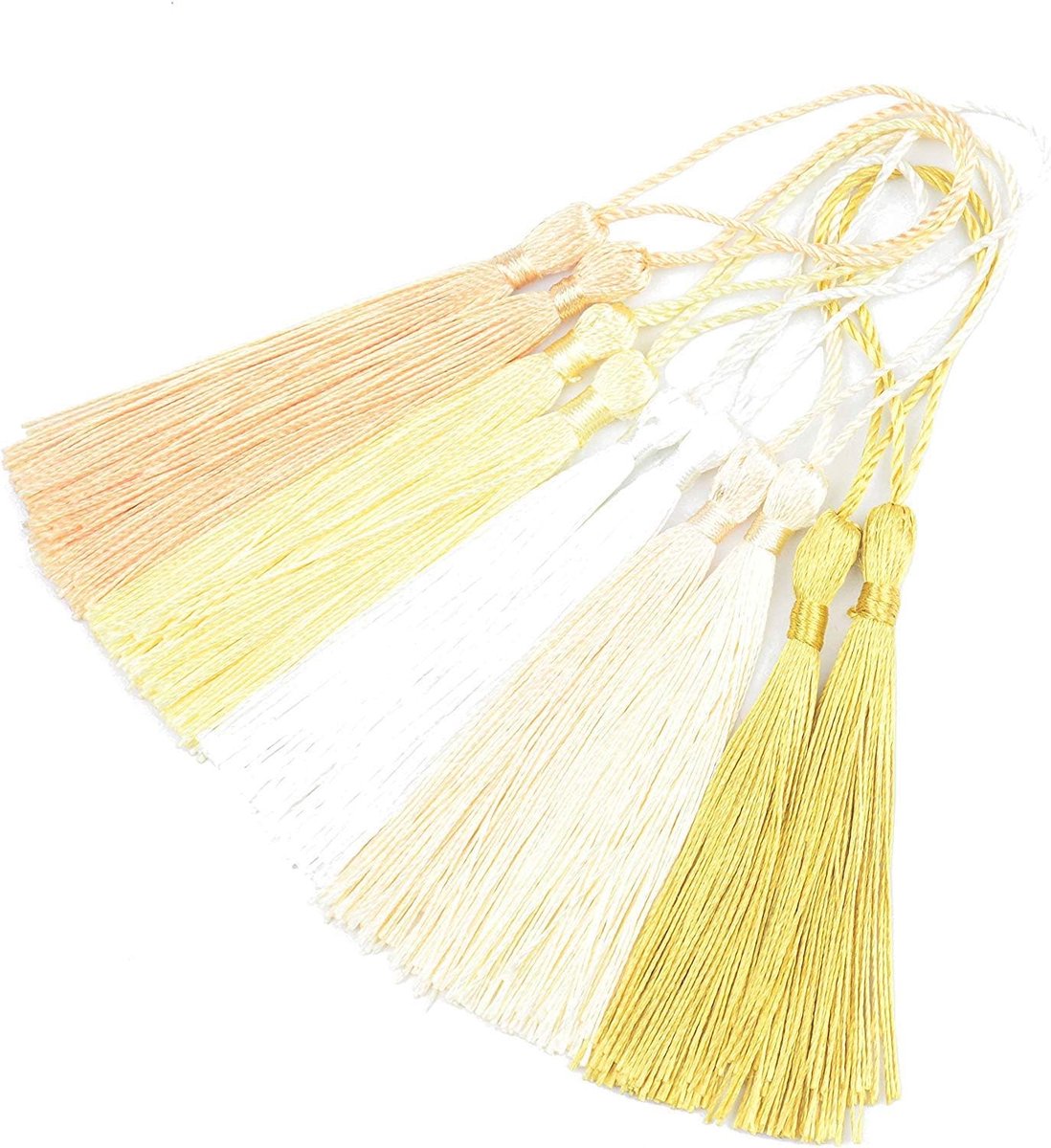 100 stks 13cm/5 Inch Zijdeachtige Floss Bladwijzer Kwastjes met 2-Inch Koord Loop en Kleine Chinese Knoop voor Sieraden Maken, Souvenir, Bladwijzers, DIY Craft Accessoire(geel gemengd)