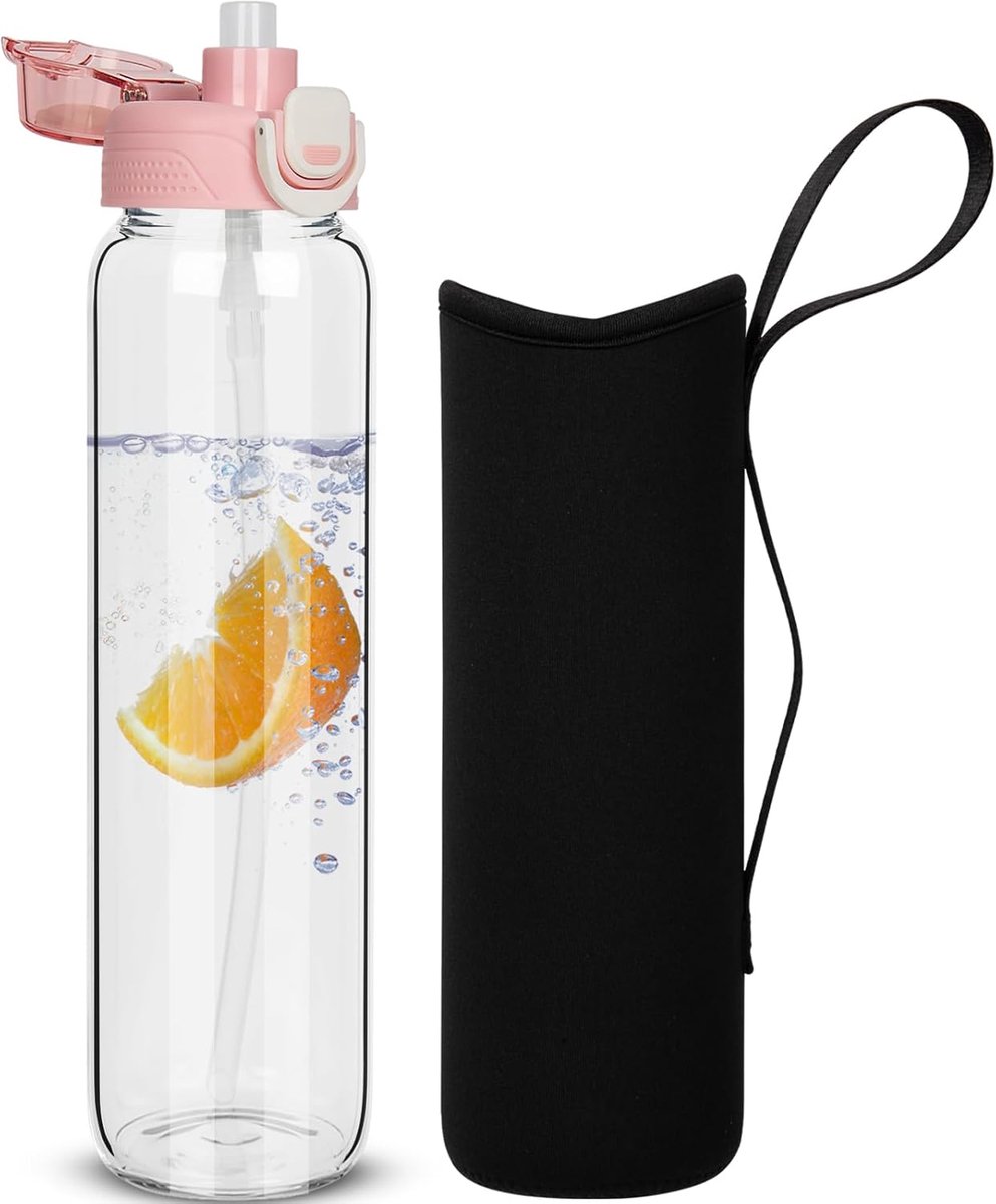 1 liter drinkfles, glazen fles met rietje, 1 l, glazen fles met beschermhoes, lekvrij, BPA-vrij, waterfles voor sport, smoothie, vruchten, geschikt voor koolzuur