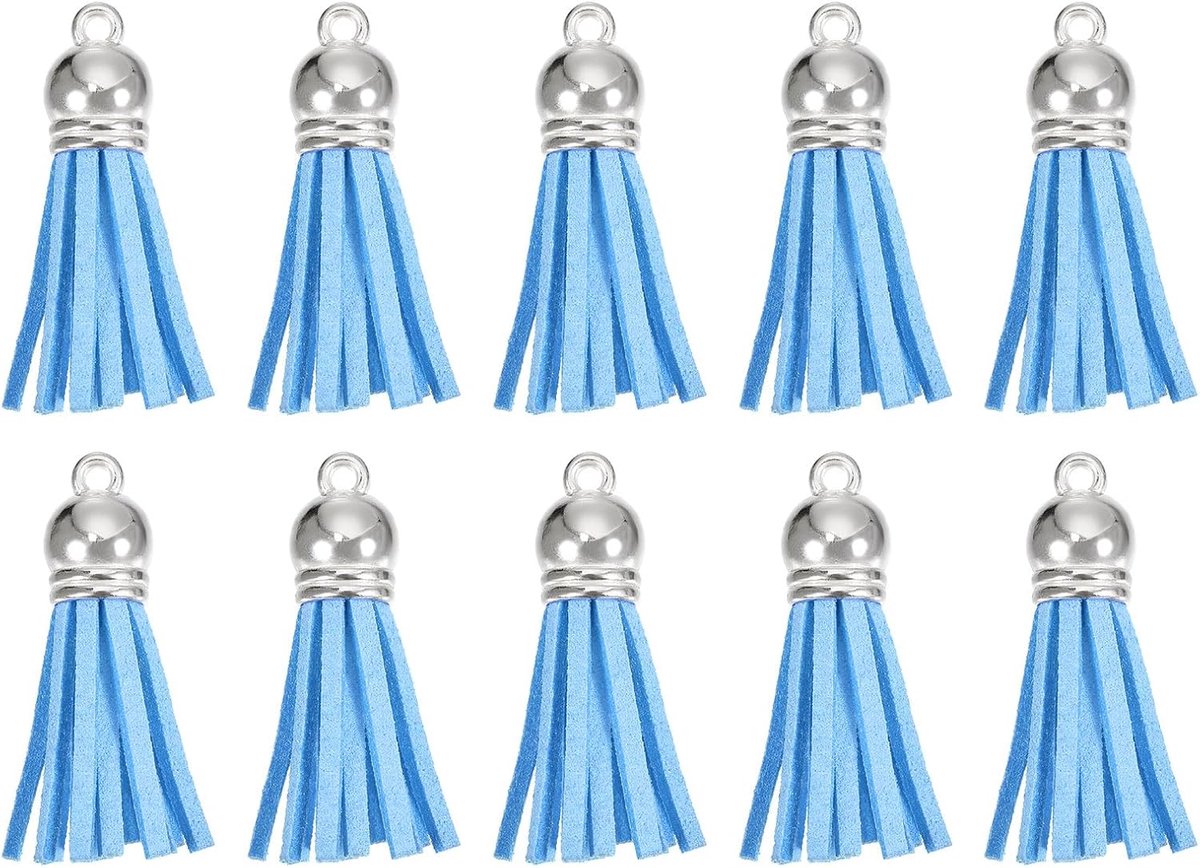 20 stuks 3,8 cm hangers sleutelhangers met kwasten van leer met zilveren dop voor armband met hanger sieraden maken handwerk decoratie doe-het-zelf handwerk, hemelsblauw