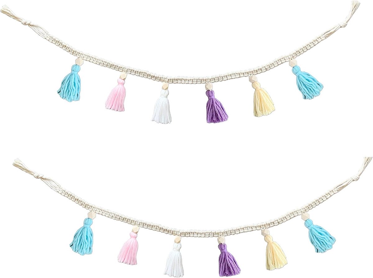2 Pack Macrame Katoen Kwastje Garland Banner met Kralen Muur Decor Geweven Woondecoratie voor Slaapkamer Kwekerij Baby Kids Room (Blauw Geel Paars Wit Roze)