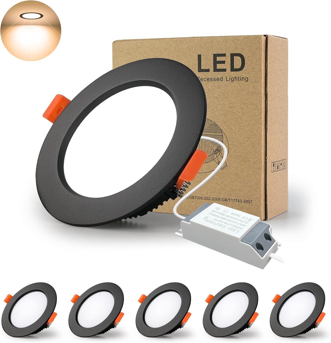 5x LED Verzonken Plafondlamp Inbouwspot 5W 3000k Warm Wit Rond Paneelverlichting Anti-mist Hhoogtepunt Plafond Platte Schijnwerpers voor Badkamer Keuken Hal Stage Office(Zwart)