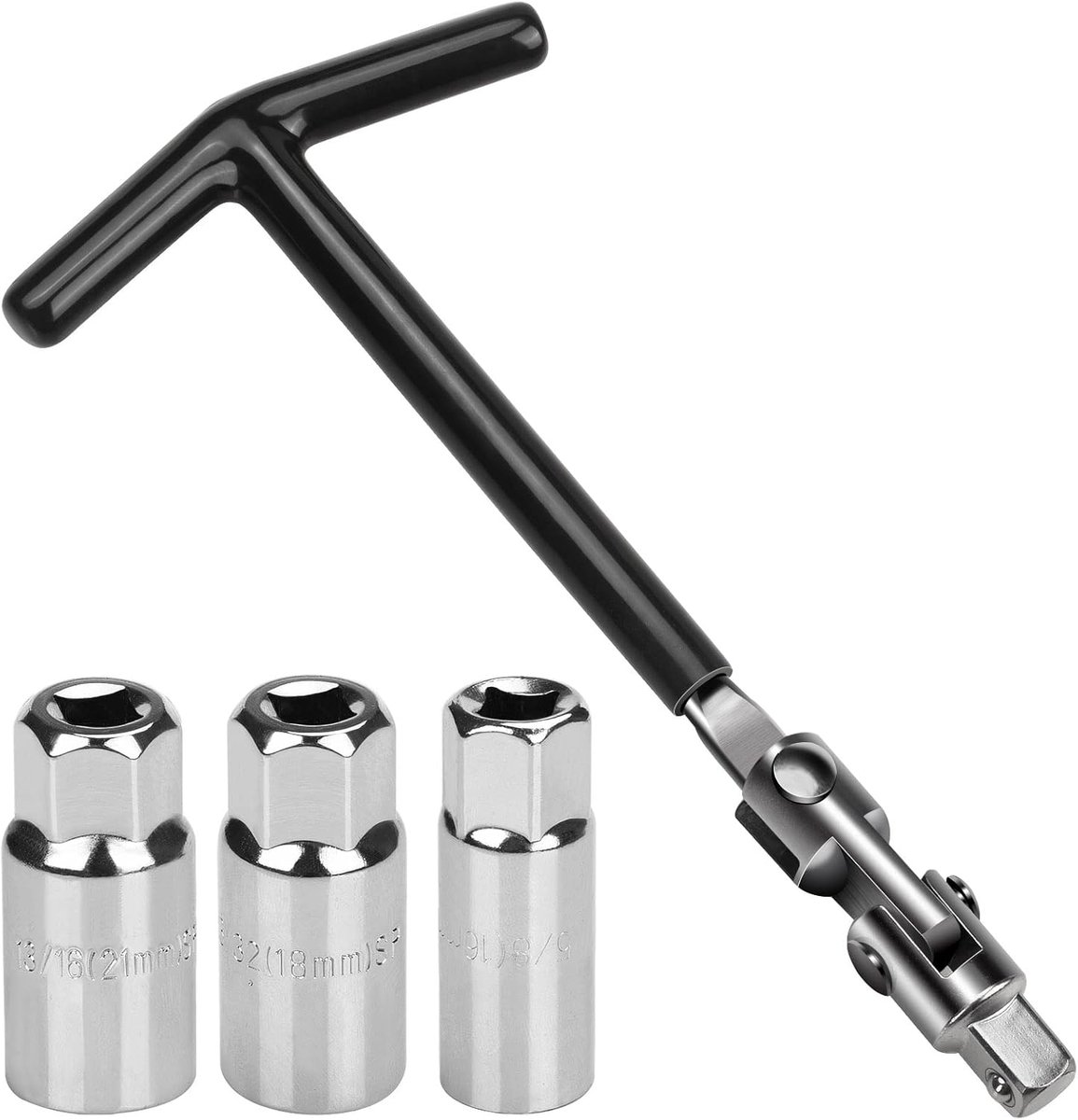 Bougiesleutel, universeel, 19 mm, bougiesleutel voor auto en motorfiets, T-greep, 3/8 inch, kaarsensleutel, bougieverwijderaar, gereedschap, 16 mm/18 mm/21 mm (zwart)