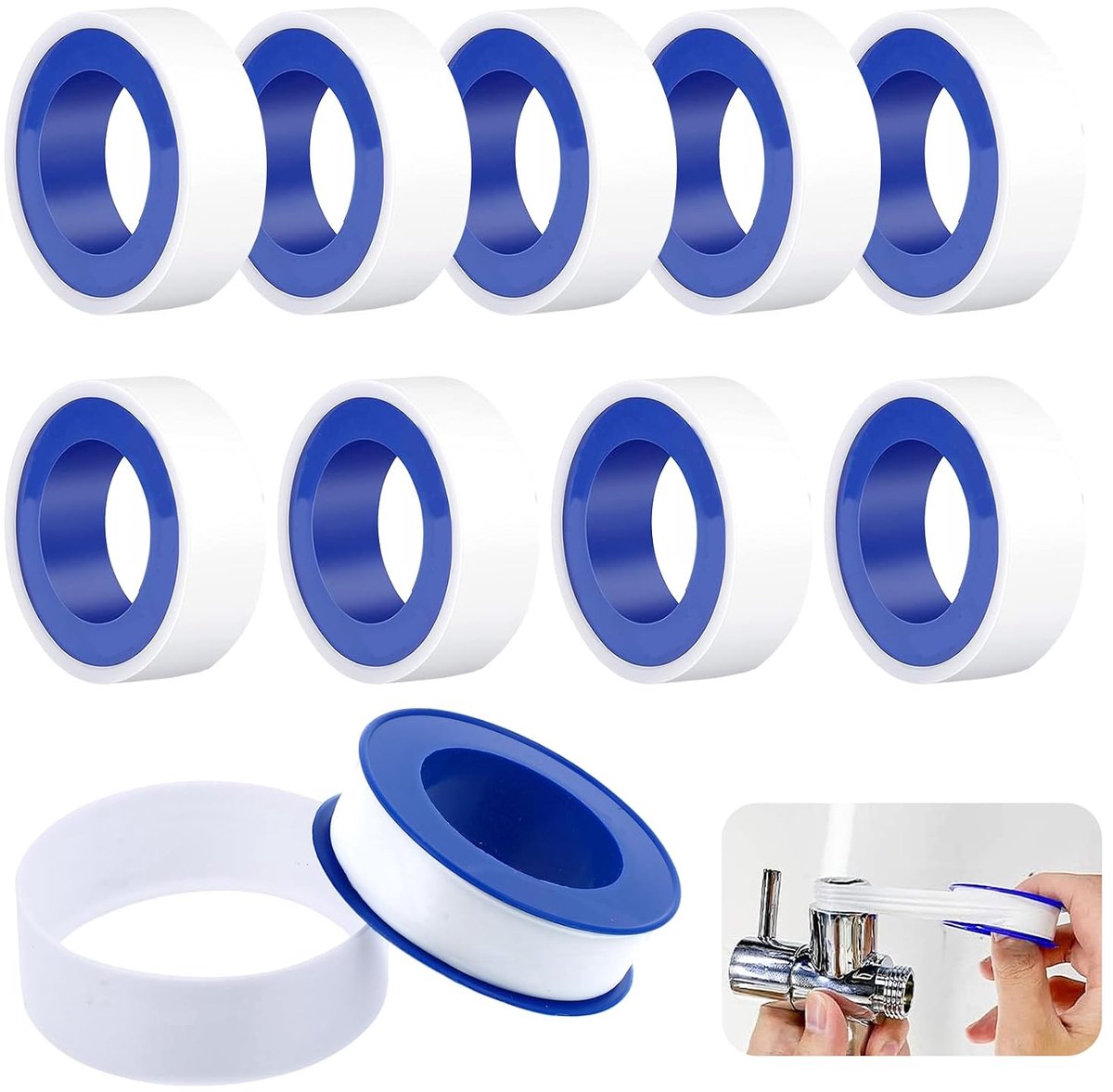 10 rollen teflontape, schroefdraadafdichtingstape, teflontape zwembad, 15 mm x 10 m, waterdichte teflontape voor zwembaden, keukens, buizen, kranen, douches en badkuipen (wit)