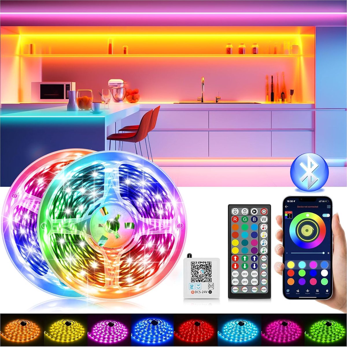 Ledstrip, 30 m, met afstandsbediening, app en muzieksynchronisatie, bluetooth RGB lichtketting, dimbaar, kleurverandering, zelfklevende strips voor kamerdecoratie, tv, slaapkamer, plafond, gaming