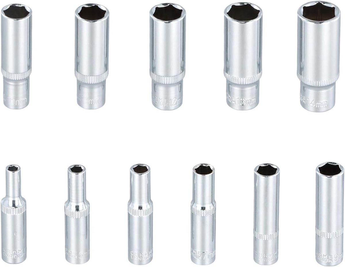 Set van 11 lange dopsleutels, zeskantdopsleutelset, zeskantdopsleutel, lange dopsleutelset, 4-14 mm, 50 mm lang