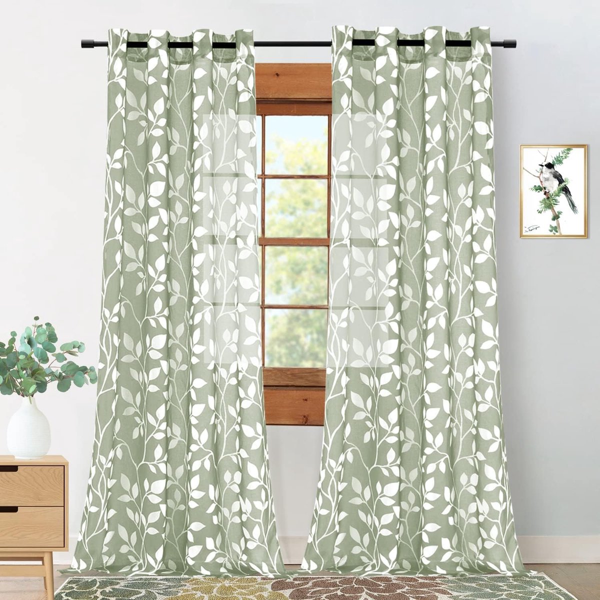 Slaapkamer Gordijnen Voile met Ogen en Gordijnen Transparant met Patroon Witte Bladprint Gordijn Grijsgroen Woonkamer Modern set van 2, 245 cm Lang, 140 cm Breed, Sheer Gordijnen