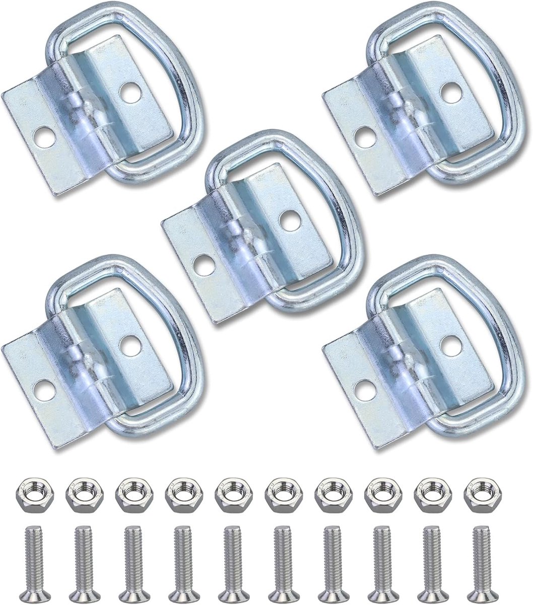 Set van 5 robuuste D-ring sjorogen bevestigingsogen van zeer sterk verzinkt staal voor het vastzetten van lading in aanhanger/bestelwagen/boot, incl. montagebeugel en schroeven
