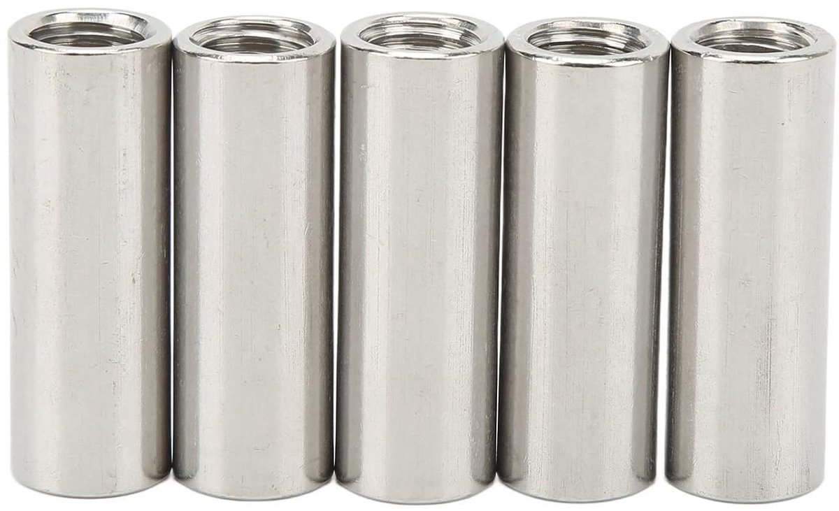 Koppelingsmoer M12 5 Stuks, 304 Roestvrij Staal Verbindingsmoer Binnendraad, 1.75 Steek L45mm, Draadstang Connector voor Verlenging en Bevestiging